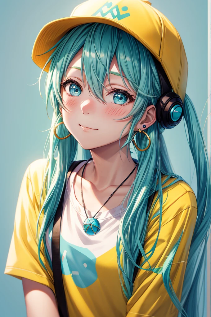 skistyle, miku hatsune, masutepiece, Best Quality, 1girl in, blush, aqua eyes, Cap, Closed mouth, earrings, hat, hoop earrings, Jewelry, Looking at Viewer, Shirt, Simple background, Solo, Upper body, yellow Shirt