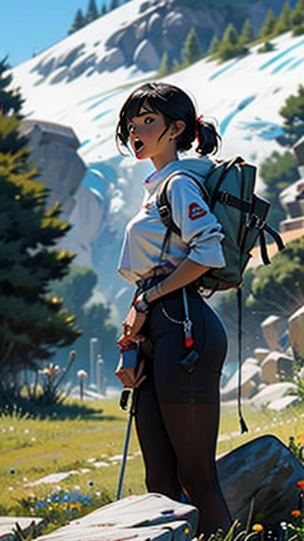 A woman on the ground on her hands and knees screaming, she has scaled pastel light blue Dousan wings coming out of her back, the settings on the mountains