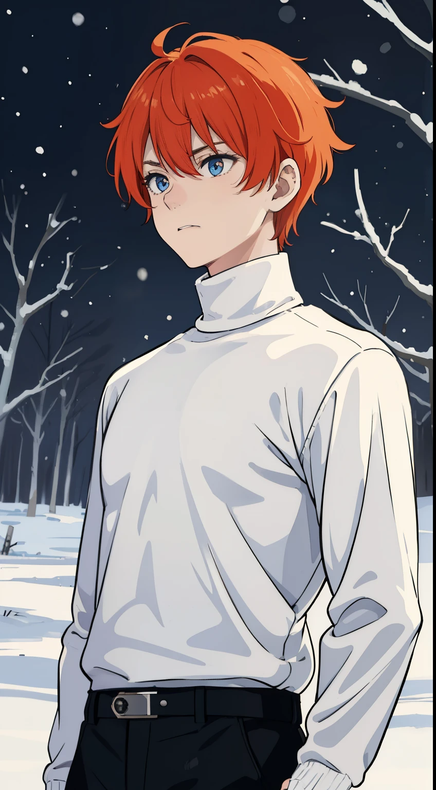 1boy,20s, orange hair, blue eye,(black pants),(((white sweater,turtleneck))), style by makato shinkai.(walking,snow,snowing,night,in a forest,night),(angry face,separated lips),from side,cowboy shot,looking away