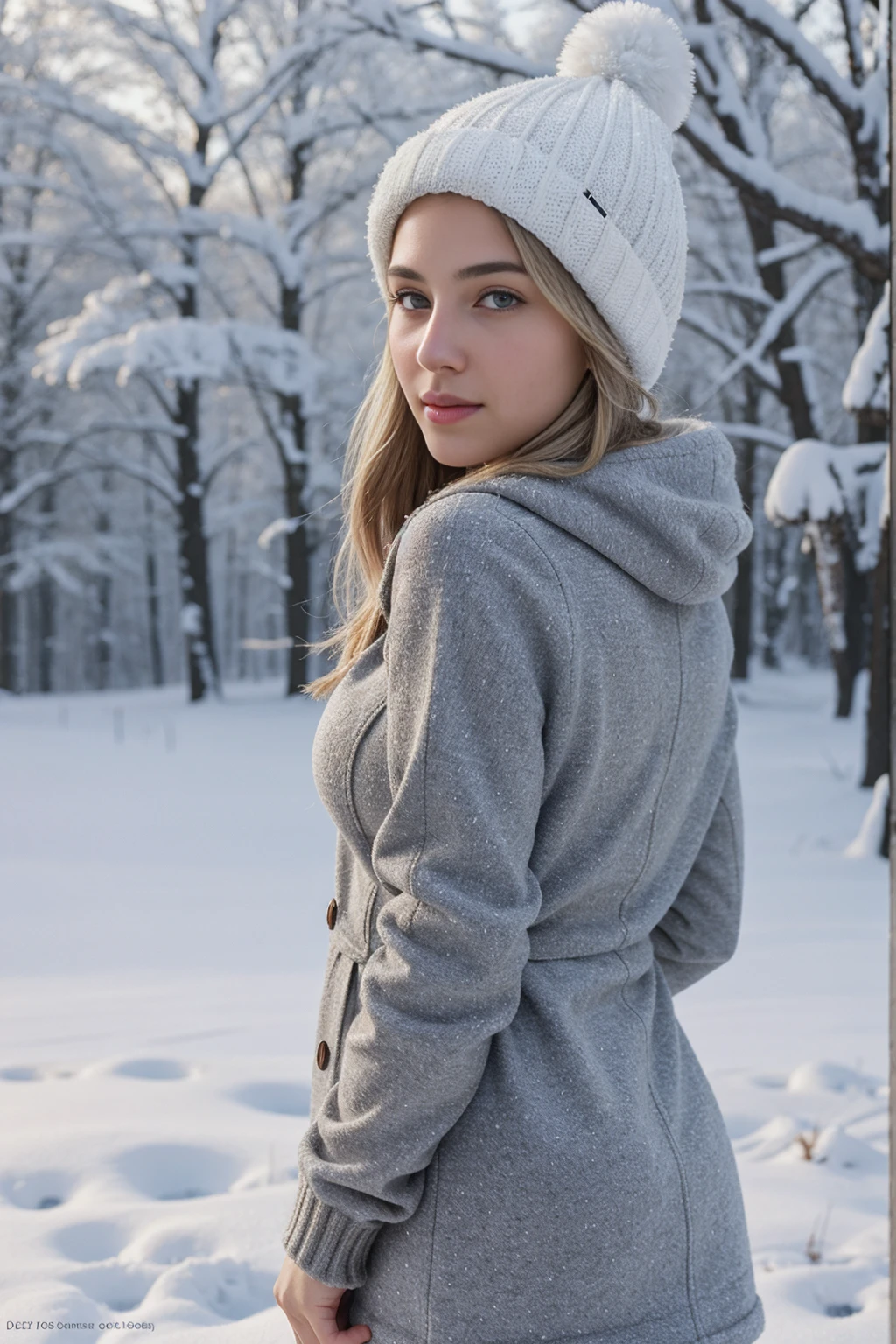 1girl 16 year old, solo, big breasts, back facing viewer, she is looking away from view, blonde hair, brown eyes, jewelry, full body, lips, realistic, nose, flirting with camera, sexy, realistic, high detail, 4k photo, high detail,, sexy perfect anatomy, perfect symmetry, soft lights, outside, wintery scene, cold, snow,, high details, photo quality, super real, winter outfit, warm hat on,
