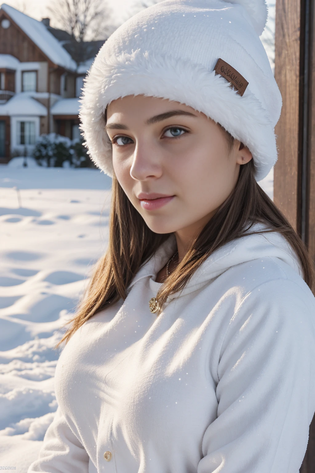 1girl 16 year old, solo, big breasts, back facing viewer, she is looking away from view, blonde hair, brown eyes, jewelry, full body, lips, realistic, nose, flirting with camera, sexy, realistic, high detail, 4k photo, high detail,, sexy perfect anatomy, perfect symmetry, soft lights, outside, wintery scene, cold, snow,, high details, photo quality, super real, winter outfit, warm hat on,
