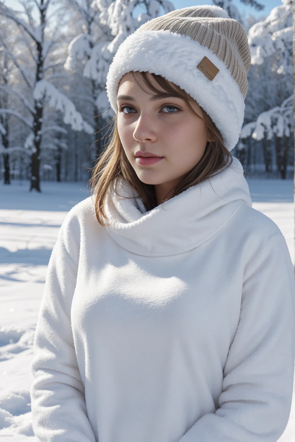 1girl 16 year old, solo, big breasts, back facing viewer, she is looking away from view, blonde hair, brown eyes, jewelry, full body, lips, realistic, nose, flirting with camera, sexy, realistic, high detail, 4k photo, high detail,, sexy perfect anatomy, perfect symmetry, soft lights, outside, wintery scene, cold, snow,, high details, photo quality, super real, winter outfit, warm hat on,
