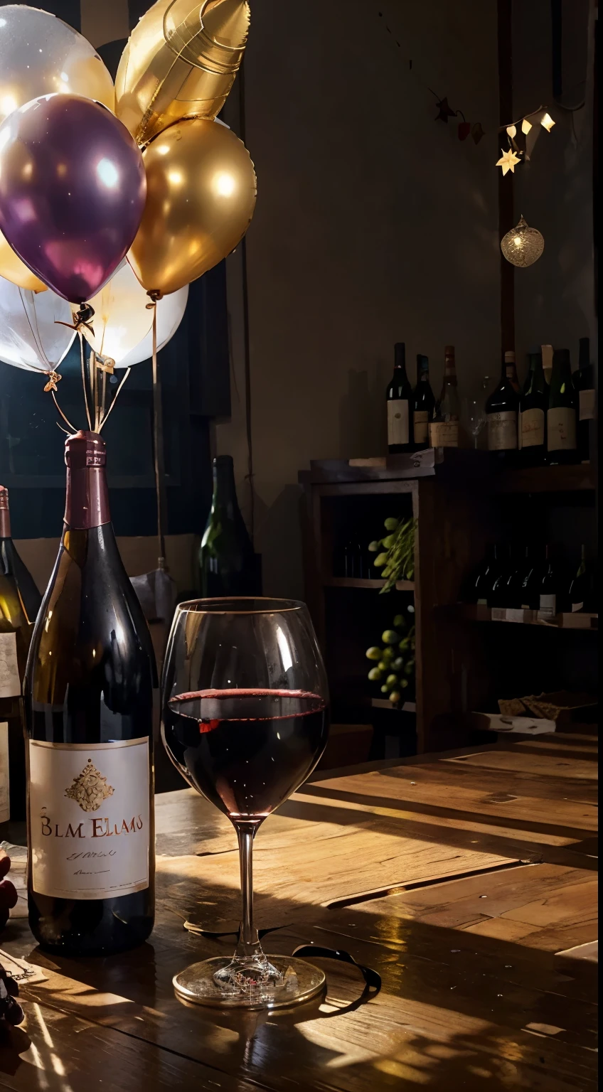 studio, Photography concept for black table, closeup cleavage, Streamers, Old logs, Several bunches of grapes, Grape leaves, A bottle of plum blossoms, centered around a glass of wine, There were a few bottles of wine next to it, Light comes in from the left, Bright environment, New Year atmosphere, Golden balloons, Silver balloons, Blue balloon, White balloons