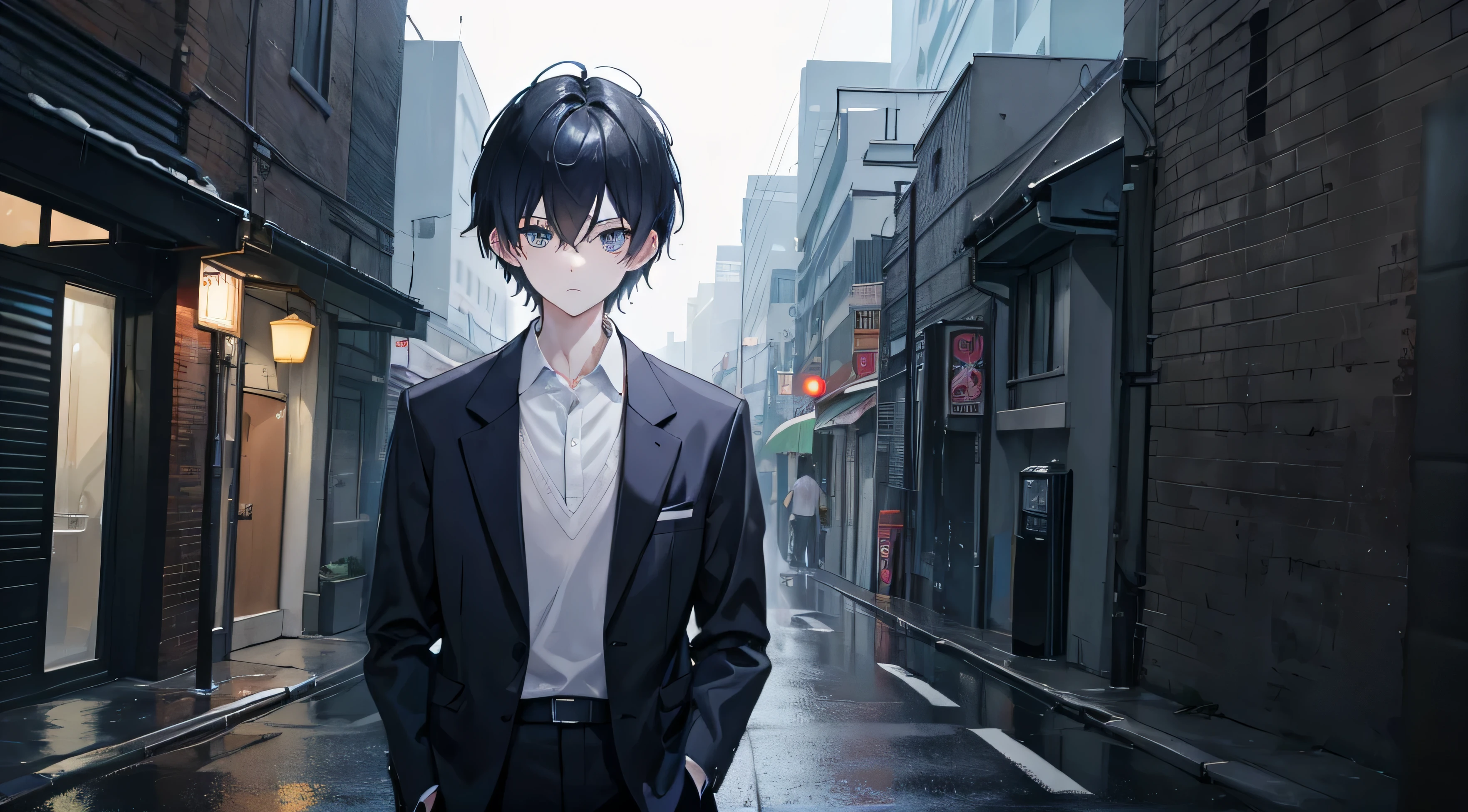 (masutepiece, Best Quality, Ultra High Resolution),1 boy,Black hair, beautiful and detailed face, Detailed eyes, Lunette de soleil, Dark blue business suit, On the street where there is no one,Concrete buildings ,Night,Fog,(Gray and Blue theme), Raise both hands, hands in the pocket, Back alley with rain