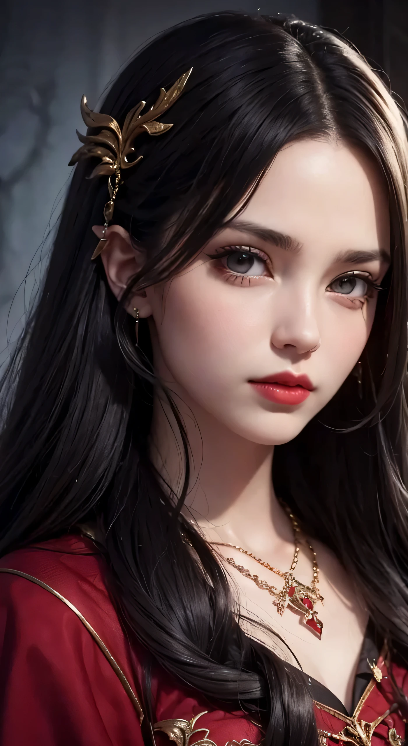 Close-up of a woman wearing a red cloak and necklace, Portrait of a beautiful vampire, portrait shot, karol bak uhd, inspired by Hedi Xandt, Portrait of a female vampire, Detailed face with red lips, alluring mesmer woman, deep red lips, beautiful vampire female queen, Gothic Face, Cute face. Dark Fantasy