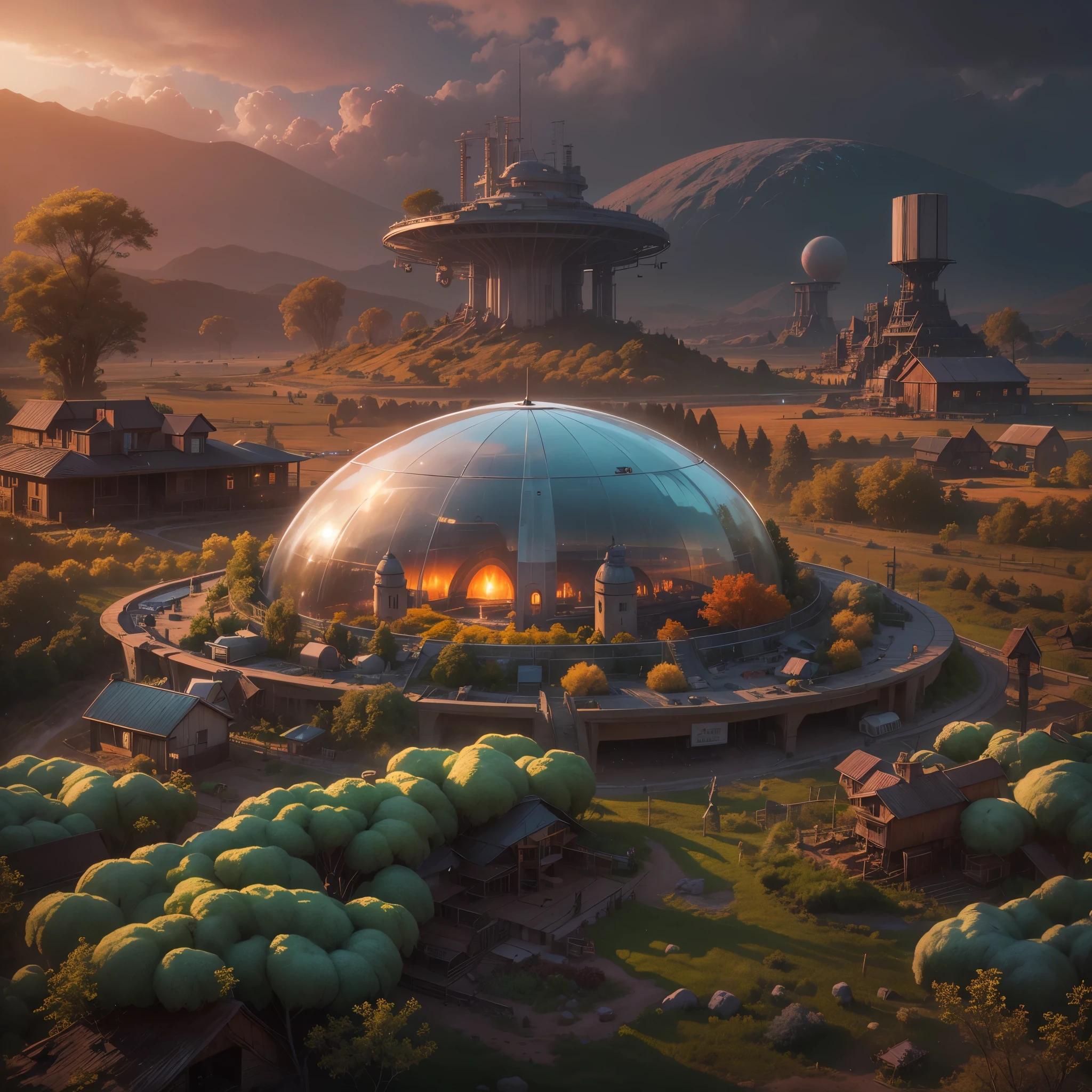 magnificent landscape painting,Alien farm life,Alien in futuristic farm suit,Care of crops with precision and care,Agricultural scenarios of the future,rich colours,the sunset,Abundant fruits and vegetables,Tano,fortune,flourishing,Stack of cash on farmhouse table,Transparent dome covering the farm,surreal atmosphere,otherworldly landscapes,Unusual alien architecture,Bioluminescent plant life,The harmonious coexistence of aliens and nature,Vibrant colors blend with cosmic tones,Unique alien flora and fauna,scifi concept art。(best quality,4k,8k,highres,masterpiece:1.2),ultra-detailed,(realistic,photorealistic,photo-realistic:1.37),