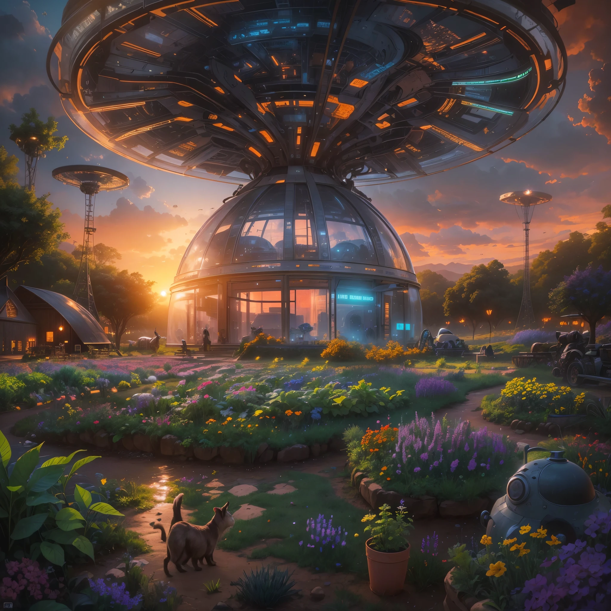 magnificent landscape painting，Alien farm life，Alien in futuristic farm suit，Care of crops with precision and care，Agricultural scenarios of the future，rich colours，the sunset，Abundant fruits and vegetables，Tano，fortune，flourishing，Stack of cash on farmhouse table，Transparent dome covering the farm，surreal atmosphere，otherworldly landscapes，Unusual alien architecture，Bioluminescent plant life，The harmonious coexistence of aliens and nature，Vibrant colors blend with cosmic tones，Unique alien flora and fauna，scifi concept art。(best quality,4k,8k,highres,masterpiece:1.2),ultra-detailed,(realistic,photorealistic,photo-realistic:1.37),