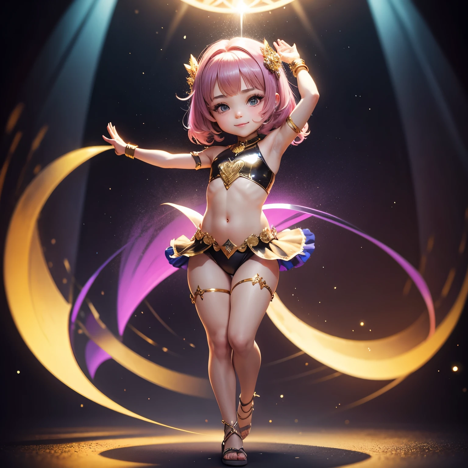 masterpiece、top-quality、ultra-detailliert、(Chibi Chara's Daughter:1.3),Belly dance,rainbow costume,The background is a simple gold background,(mirror ball:1.2),The glitter shines,a smile,Full-body standing figure.dancing dancing,Sparkling sparkling