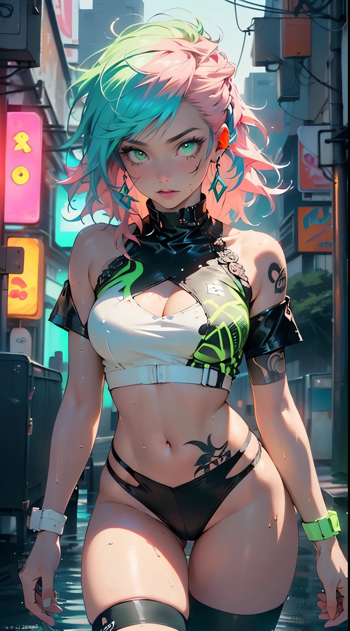 girl rave,(((1girl))),((girl with extremely cute and beautiful pink hair)),((asian features)),

(large breasts:1.4),saggy breasts,(((neon pink hair:1.35,wild hair,long hair:1.4,colored inner hair,ear breathing))),(((neon_green_eyes:1.3))),intricate eyes,beautiful detailed eyes,symmetrical eyes,slanted eyes:15,((fat)),((((lustrous skin:1.5,bright skin: 1.5,shiny skin,very shiny skin,shiny body,plastic glitter skin,exaggerated shiny skin,illuminated skin, wet legs))),(spider lower abdomen,narrow waist,wide hip,athletic body,inflated legs, thick thighs,detailed body,(detailed face)),

cute,slutty,seductive,erotic,(((nsfw))),

zettai ryouiki,revealing clothing,show skin,((rave shirt with an neon colors print,rave mini-short,visible thong straps)),((underpants strap)),(rave outfit:1.3,rave clothes,semi-naked,with little clothing),((neon tattoos:1.3)),((wet clothes,intricate outfit,intricate clothes)),

(dynamic pose:1.0),solo focus,embarrassed,(centered,scale to fit dimensions,Rule of thirds),

cyberpunk city by the ocean at night, with bright neon signs and dark stormy clouds and puddles, scenery:1.25,nighttime, starry night, cosmos,Very dark night that makes the neon lights stand out, very bright neon lights,

artistic photography,(photography taken by sldr),highres, sharp focus,(ultra detailed, extremely detailed), (photorealistic artwork:1.37),(extremely detailed CG unity 8k wallpaper),((synthwave background theme)),(((vibrant colors))),intricate,(intricate background),(masterpiece),(best quality),perfect rendered face,perfect face details,realistic face,photo realistic,analog style,((intricate detail)),(((realism))),