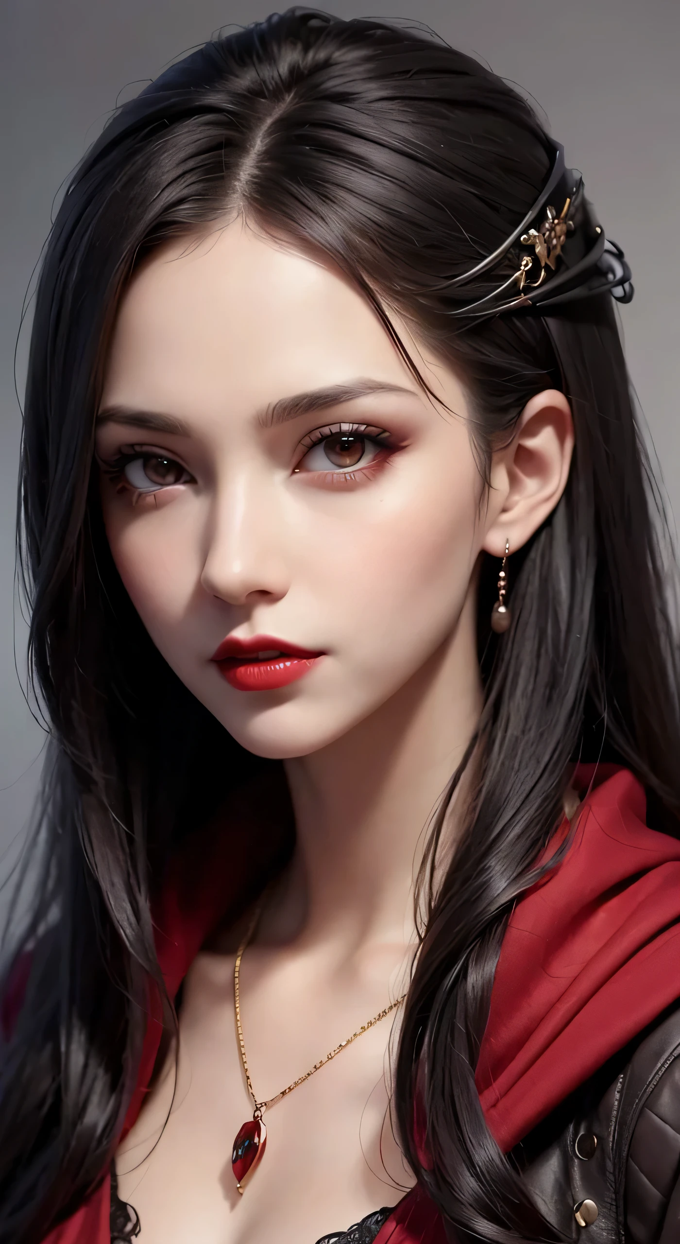 Close-up of a woman wearing a red cloak and necklace, Portrait of a beautiful vampire, portrait shot, karol bak uhd, inspired by Hedi Xandt, Portrait of a female vampire, Detailed face with red lips, alluring mesmer woman, deep red lips, beautiful vampire female queen, Gothic Face, Cute face. Dark Fantasy