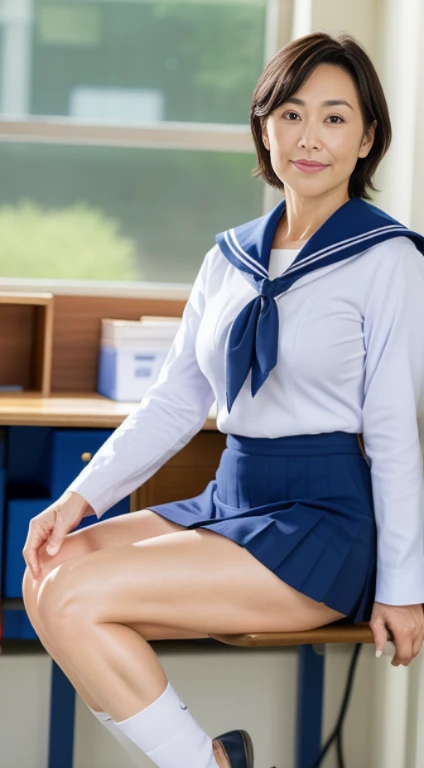 masutepiece, Best Quality, Photorealsitic, 4K, 日本人A MILF, (Solo), (((50 years old))), (Wrinkles at the corners of the eyes:1.5), (nasolabial folds:1.5), ((Large breasts)), (Saggy udder), A MILF, glamor, A sexy, Chromo-white skin, white wavy long hair, Looking at Viewer, (((my skin is old))), ((muscles are old)), Super large udder, {white and navy sailor, uniform, neckerchief, Dark blue pleated skirt,a miniskirt}, lowfers, ssmile,Classroom, (sitting at the desk), (((opening legs))),