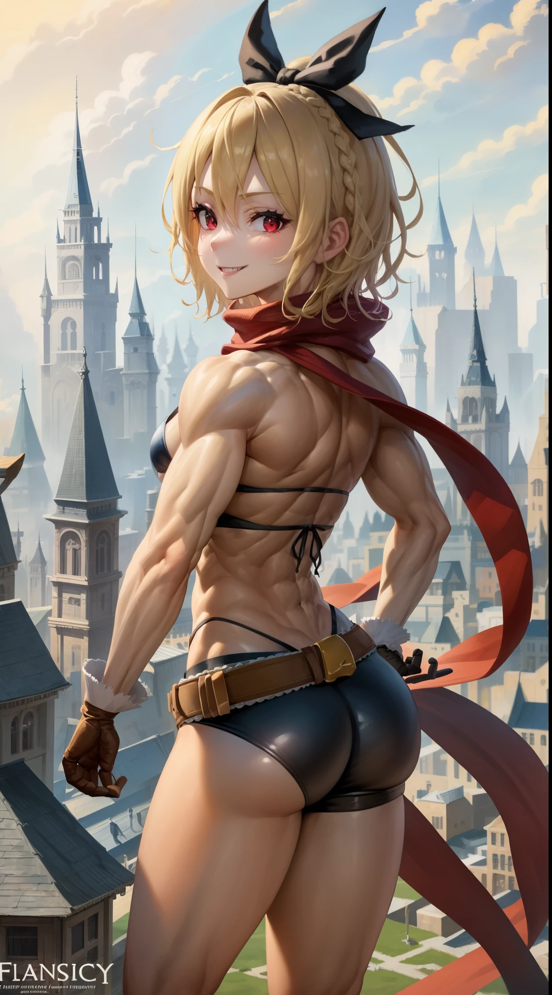 best quality, 4k, ((masterpiece)), extremely detailed, 8k, trending in ArtStation, intricate, high detail, sharp focus, detailed background, (fantasy city: 1.4), roof, 1girl, ground, navel, bow , (blond hair), red eyes, hair bow, red scarf, braid, short hair, small breasts, standing, looking at viewer, smile, midriff, cowboy shot, blonde hair, black bow, (very short bikini and sexy), gloves, brown gloves, (muscular legs), looking back, big ass