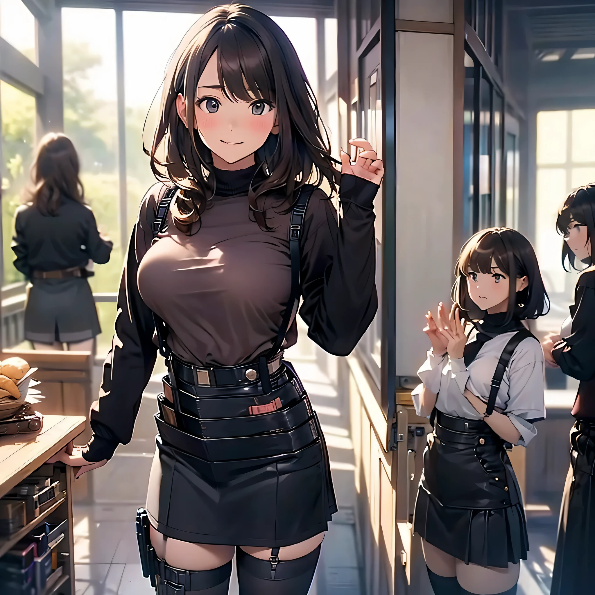 Brown hair、watching at viewers black suspenders bulging big tits walls: Black miniskirt garters Gaze a small face bangss holster Beautuful Women Hands up レッグholster ベッドに横たわる Gaze black boots panty shot Provocation flank flank汗 Soio arms are