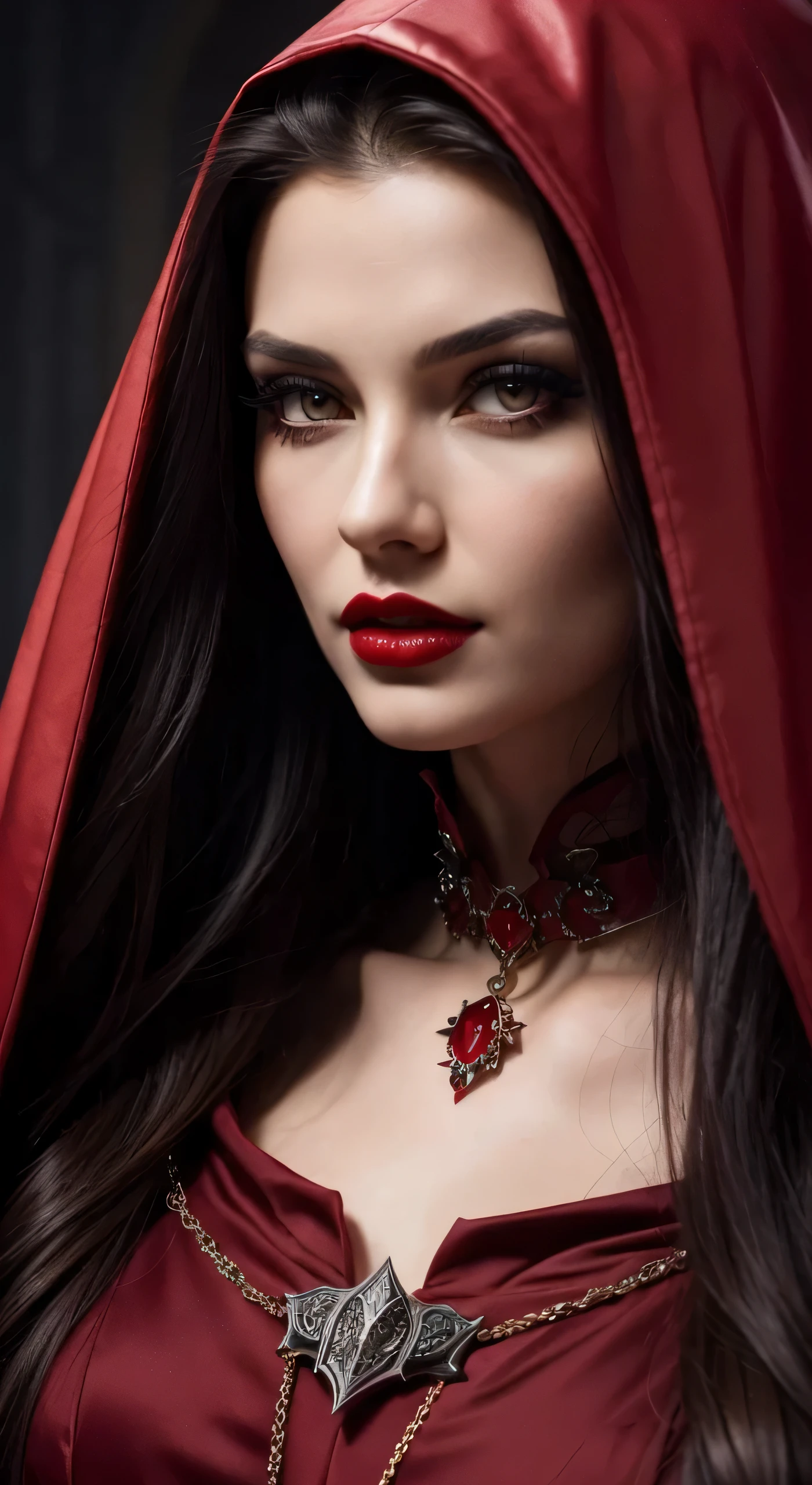 Close-up of a woman wearing a red cloak and necklace, digital art inspired by Hedi Xandt, trending on cg society, Gothic art, Portrait of a beautiful vampire, portrait shot, karol bak uhd, Portrait of a female vampire, Detailed face with red lips, alluring mesmer woman, deep red lips, beautiful vampire female queen, Gothic Face