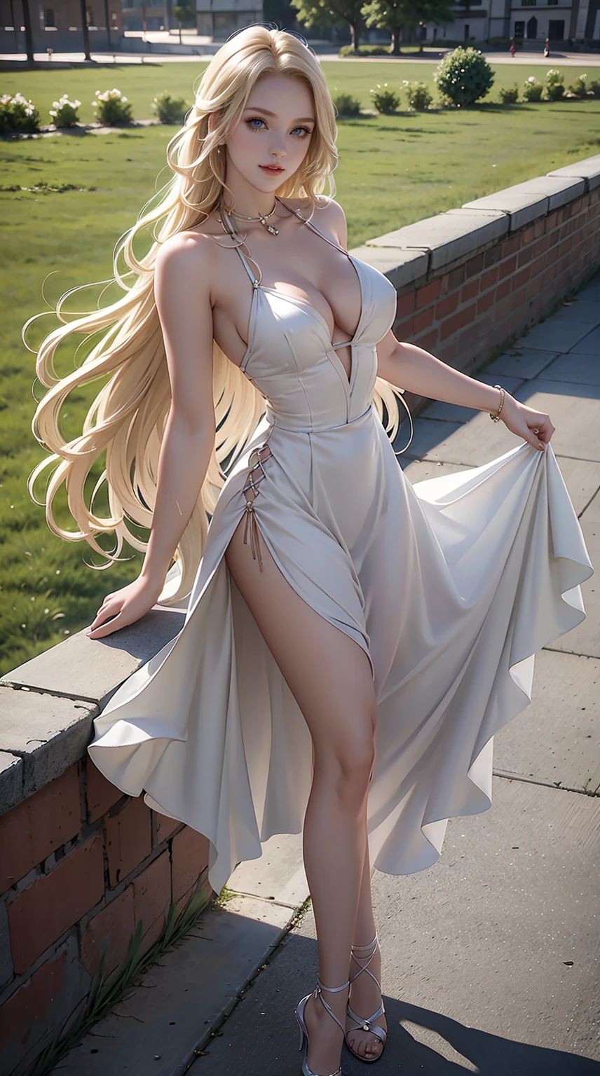 24-year-old Caucasian woman、Hair color is blonde、Eye color is blue、Longhaire、A slender、a smile、Beautiful breasts、I'm wearing a dress、I'm wearing pin heels、I&#39;m in front of an old brick wall、Frontal perspective、sunlight pours down from above、