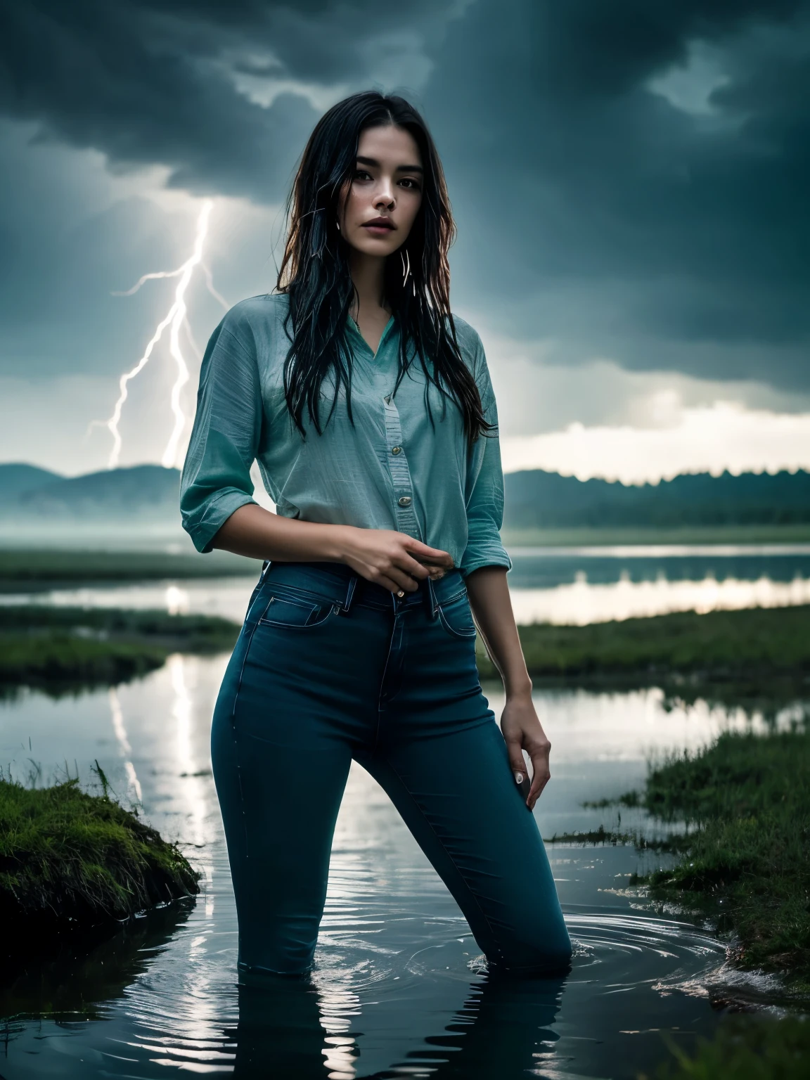 realistic illustration of a woman, standing in jeans, Dive into the swamp (Masterpiece:1.2), Ultra-detailed, realistic face, detailed clothes, wet hair, Dark and mysterious atmosphere, lush green vegetation, cloudy water, Subtle reflections, studio lightning, bright colours
