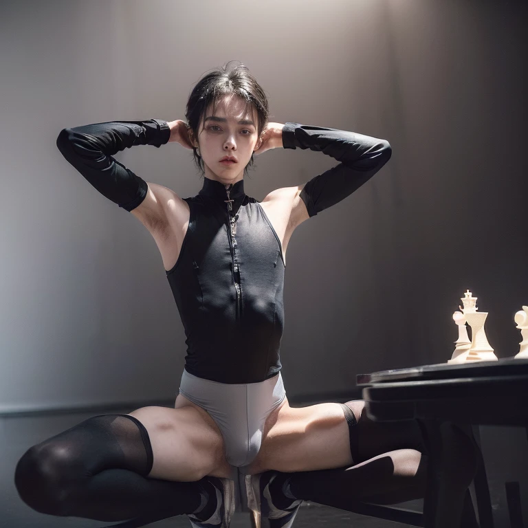 ((1boy, empty background, empty scenery), masterpiece, best quality, dreamlike, hyperrealistic, weak androgynous male, chess ballet, black lost, your puppet black king will be castrated because you played as black and lost, ballet tights, male crotch bulge, buttocks, groin pain:1.35)