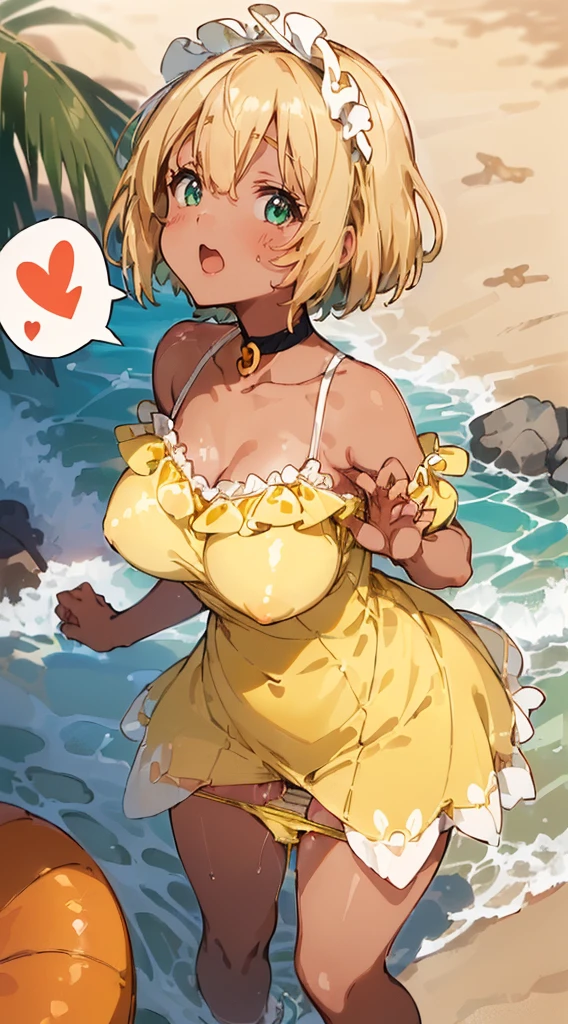 arched back, (detailed light_yellow dress, open mini dress:1.2, detailed mini pantie:1.3), (drop_shape tits drooping down), (ultra detailed Kyoto animation:1.5), 8K, masterpiece, Top Quality, highres, anime, (orgasm vagina dripping with love juice), (open stance hand on hip in beach, from above, from (side:0.8)), (light-dark skin,radiant skin:1.5), (very brightly:1.3) beach:1.3, break, (spoken-heart:1.3, in heat:1.3, fucked silly:1.4), (slave choker), best proportion, perfect anatomy:1.5, (detailed blonde maid, straight-shorthair), extremely detailed green eyes:1.3),