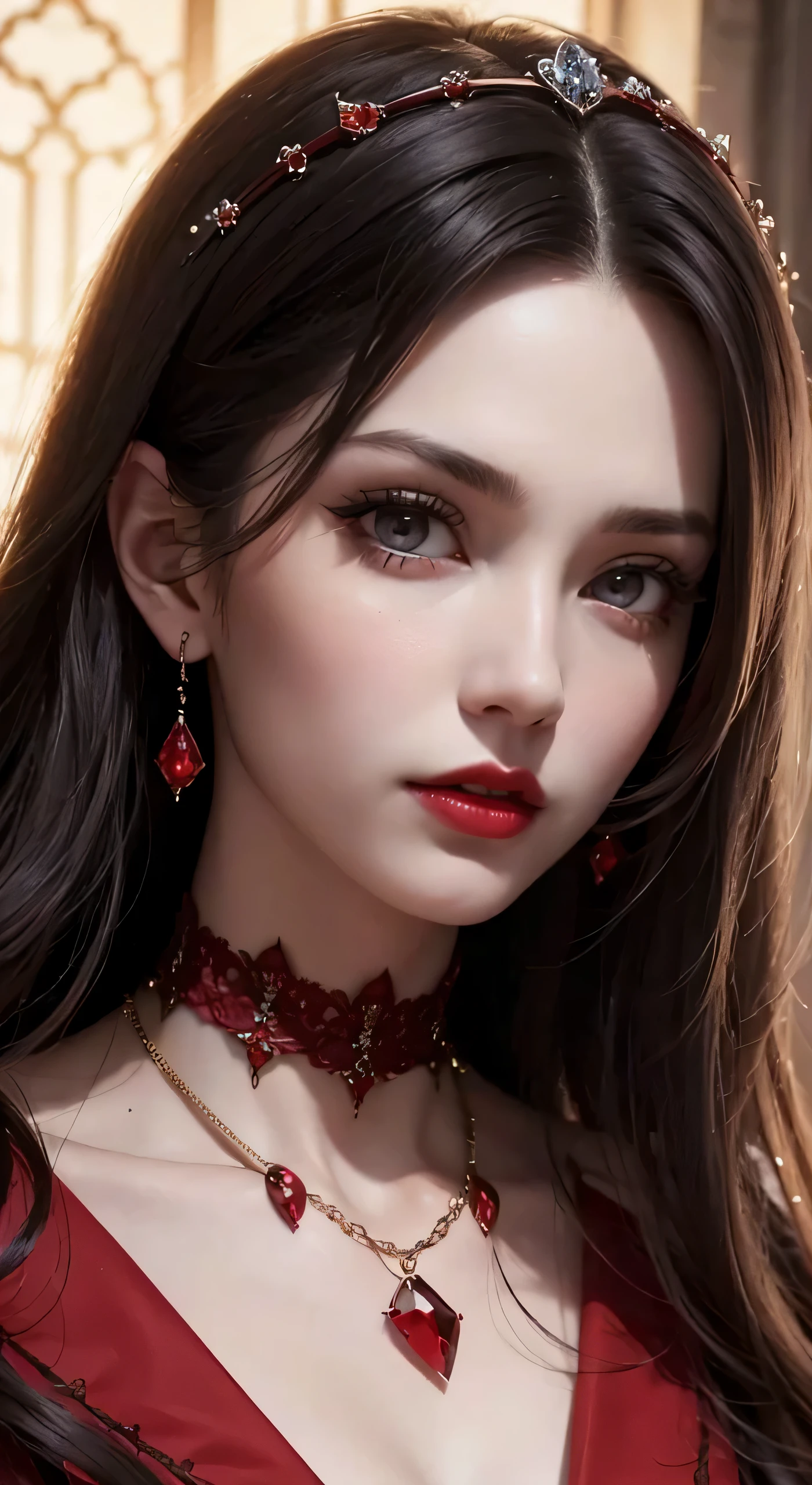 Close-up of a woman wearing a red cloak and necklace, digital art inspired by Hedi Xandt, trending on cg society, Gothic art, Portrait of a beautiful vampire, portrait shot, karol bak uhd, Portrait of a female vampire, Detailed face with red lips, alluring mesmer woman, deep red lips, beautiful vampire female queen, Gothic Face
