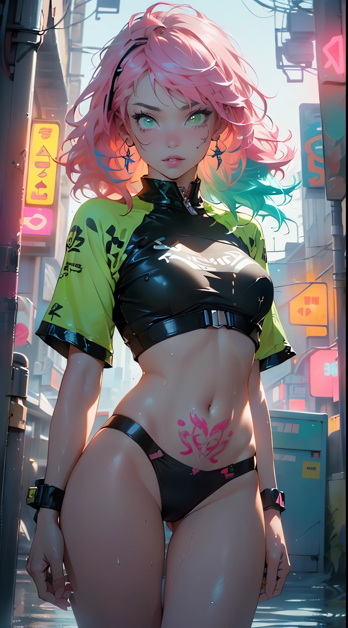 girl rave,(((1girl))),((girl with extremely cute and beautiful pink hair)),((asian features)),

(large breasts:1.4),saggy breasts,(((neon pink hair:1.35,wild hair,long hair:1.4,colored inner hair,ear breathing))),(((neon_green_eyes:1.3))),intricate eyes,beautiful detailed eyes,symmetrical eyes,slanted eyes:15,((fat)),((((lustrous skin:1.5,bright skin: 1.5,shiny skin,very shiny skin,shiny body,plastic glitter skin,exaggerated shiny skin,illuminated skin, wet legs))),(spider lower abdomen,narrow waist,wide hip,athletic body,inflated legs, thick thighs,detailed body,(detailed face)),

cute,slutty,seductive,erotic,(((nsfw))),

zettai ryouiki,revealing clothing,show skin,((rave shirt with an neon colors print,rave mini-short,visible thong straps)),((underpants strap)),(rave outfit:1.3,rave clothes,semi-naked,with little clothing),((neon tattoos:1.3)),((wet clothes,intricate outfit,intricate clothes)),

(dynamic pose:1.0),solo focus,embarrassed,(centered,scale to fit dimensions,Rule of thirds),

cyberpunk city by the ocean at night, with bright neon signs and dark stormy clouds and puddles, scenery:1.25,nighttime, starry night, cosmos,Very dark night that makes the neon lights stand out, very bright neon lights,

artistic photography,(photography taken by sldr),highres, sharp focus,(ultra detailed, extremely detailed), (photorealistic artwork:1.37),(extremely detailed CG unity 8k wallpaper),((synthwave background theme)),(((vibrant colors))),intricate,(intricate background),(masterpiece),(best quality),perfect rendered face,perfect face details,realistic face,photo realistic,analog style,((intricate detail)),(((realism))),