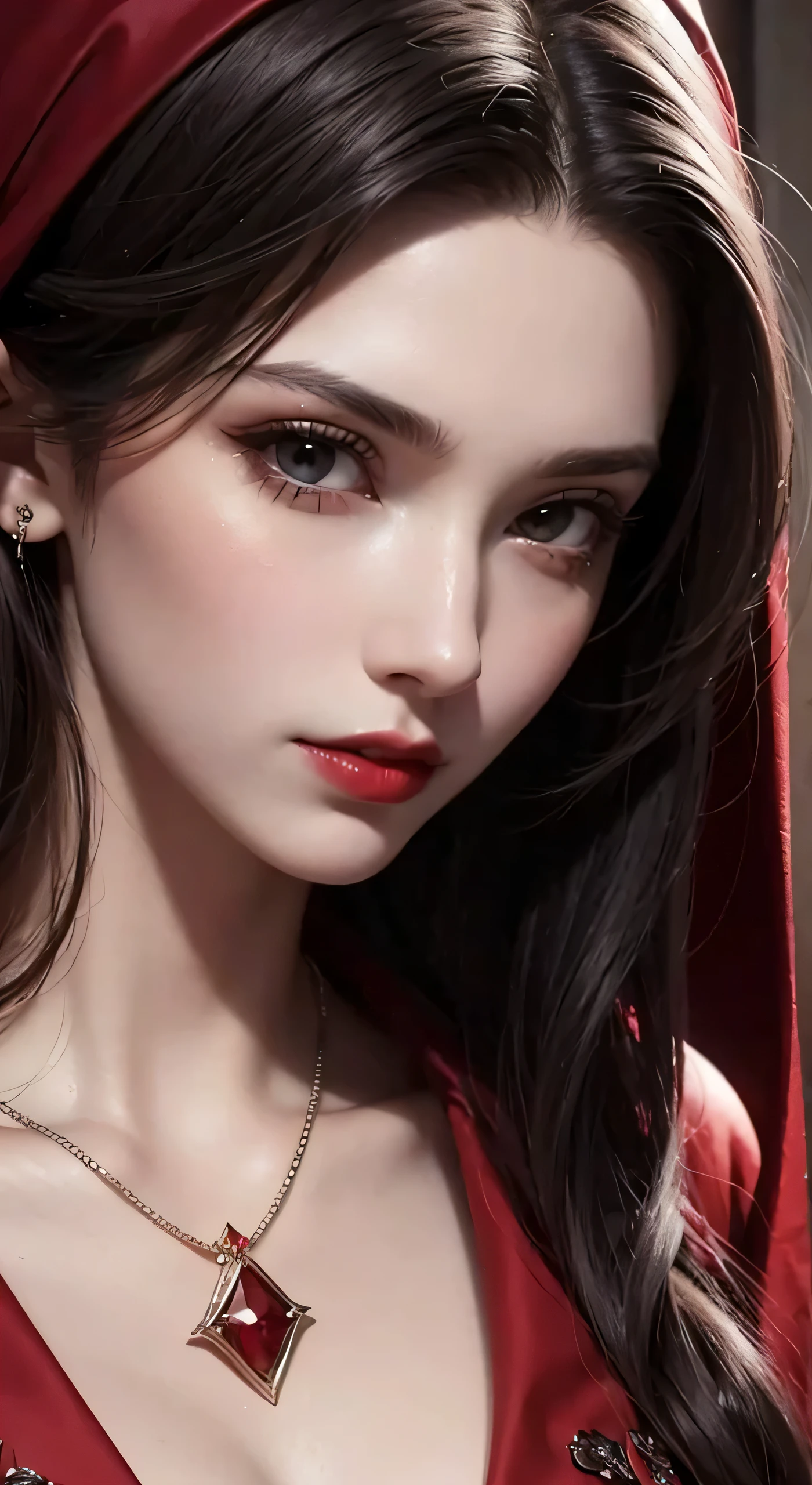 Close-up of a woman wearing a red cloak and necklace, digital art inspired by Hedi Xandt, trending on cg society, Gothic art, Portrait of a beautiful vampire, portrait shot, karol bak uhd, Portrait of a female vampire, Detailed face with red lips, alluring mesmer woman, deep red lips, beautiful vampire female queen, Gothic Face
