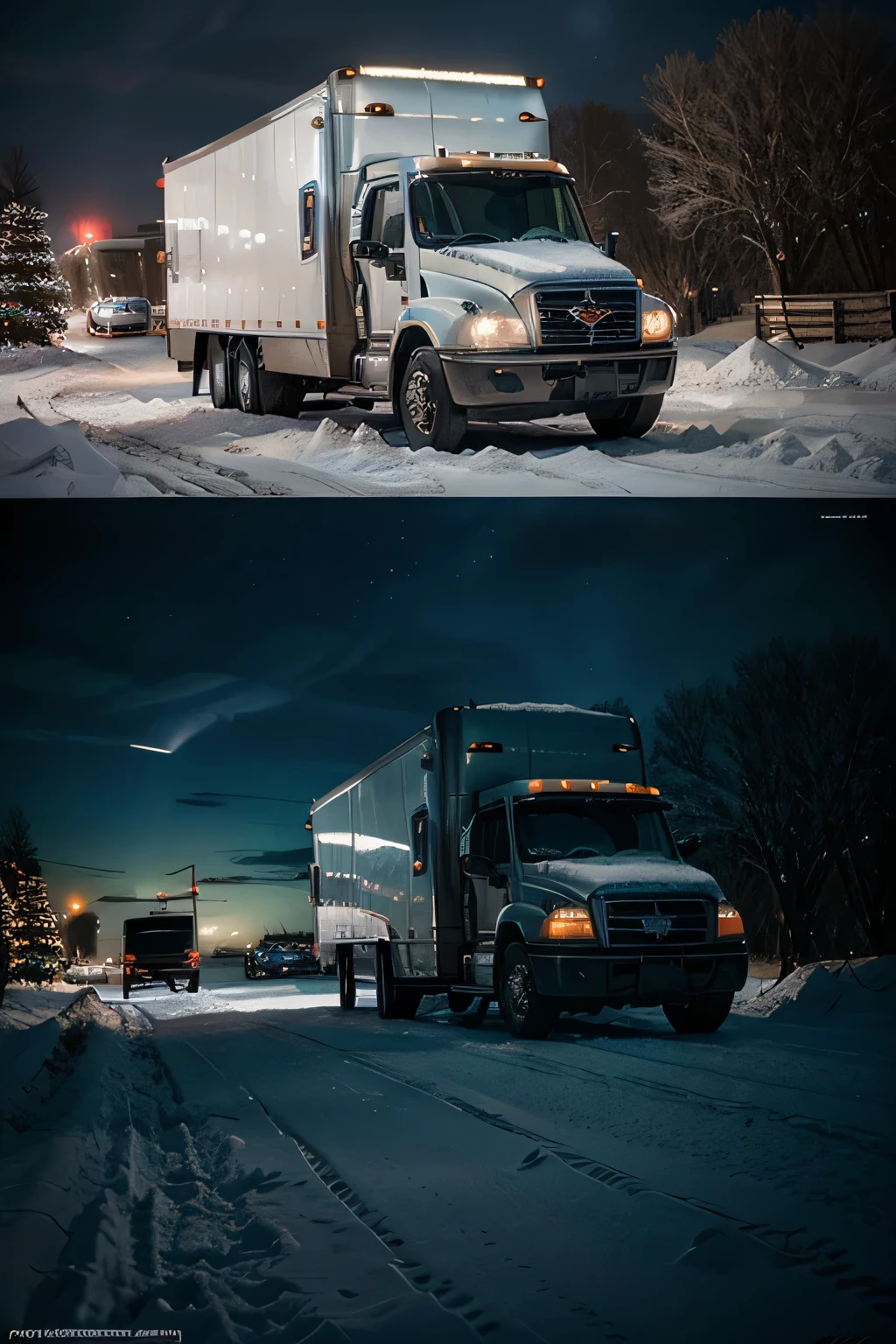 A true photographic painting of a truck on a Natal night with incomparable reality, super largo, Sinister Sky, reboque truck, reboque, neve, Natal, Noite estrelada, Volumetric lighting, Realistic,