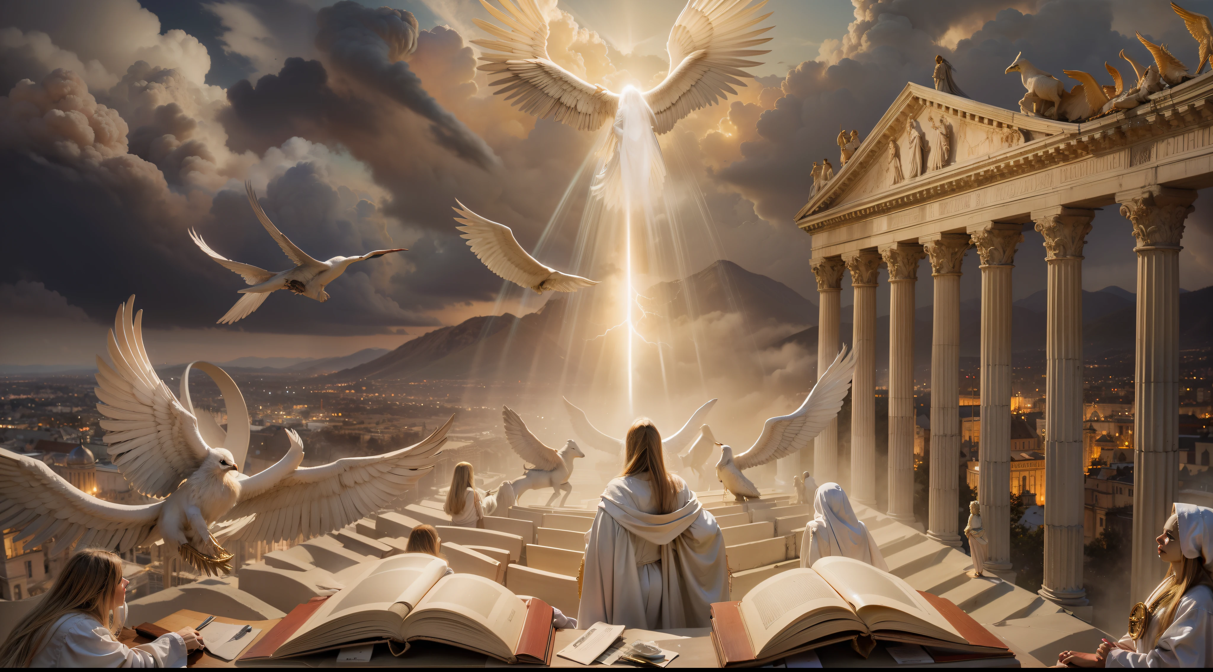 A stunning image depicting the Doomsday scenario, conforme descrito em Apocalipse 20:11. O trono branco onde Jesus se senta se destaca no centro da cena, surrounded by white clouds and lightning, simbolizando a majestade divina. Powerful angels are present, solemnly watching the opening of the books, representing the records of each individual's actions. an untold crowd of people, aguardando seu destino eterno. The mood is one of reverence and awe before the divine justice that will be established.