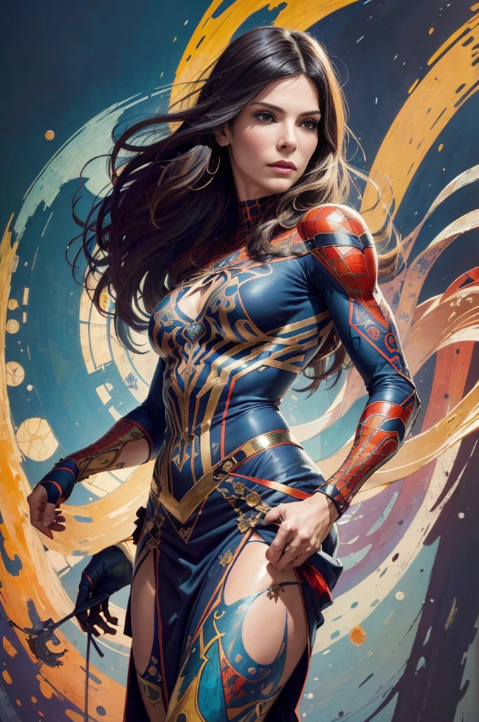 sandra bullock、Sticking out the navel、newyork、She wears a torn Spider-Man suit,wearing skirt、abstract photorealistic、artistic、Alphonse Mucha's painting(masterpiece、top-quality、hight resolution:1.4)、detaileds、複雑なdetaileds、4K、color splashes、line-drawing、Fibonacci、
