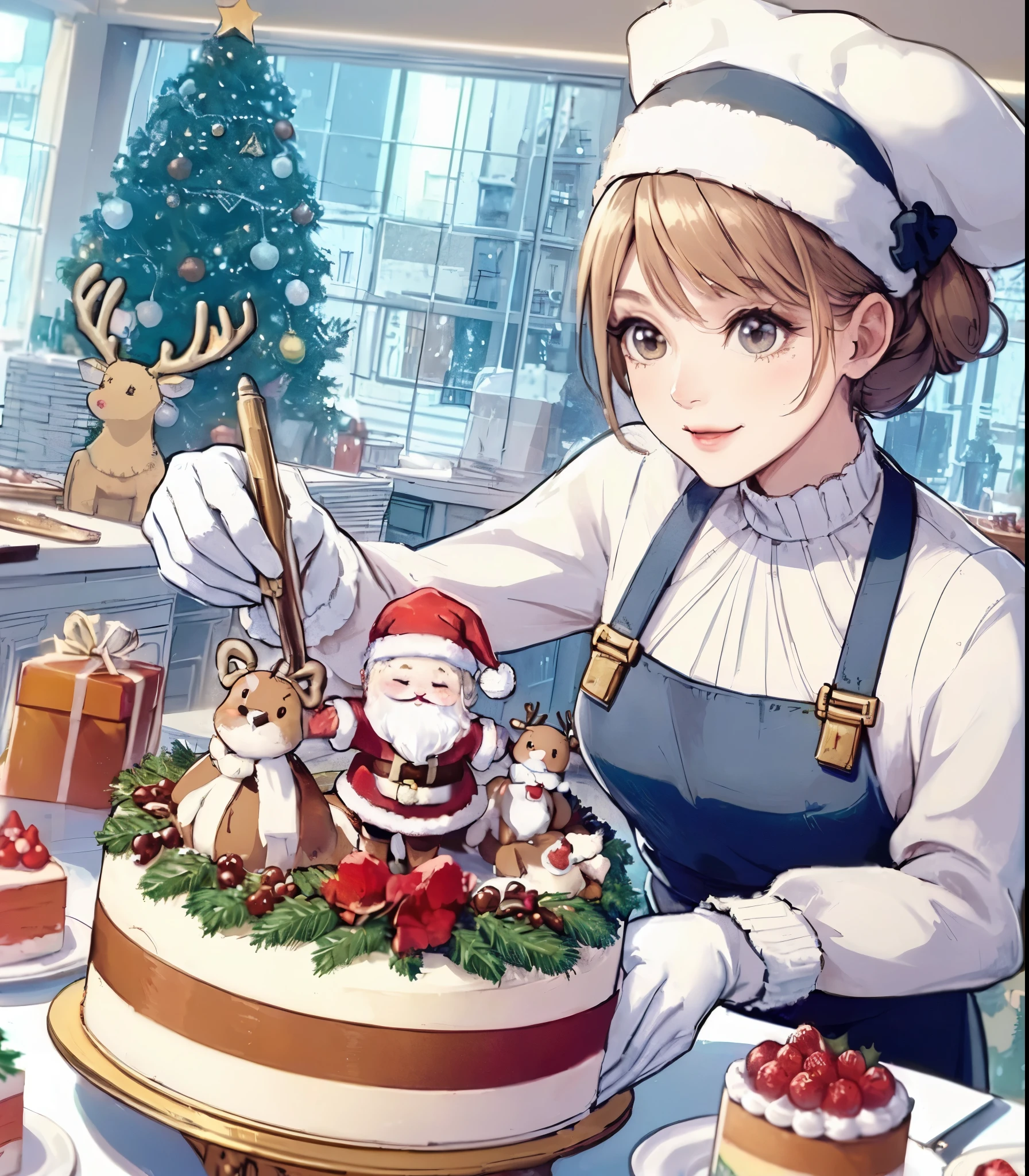 1lady solo, (pastry chef) (stylish outfit), (decorating cake:1.2), mature female, /(light brown hair/) bangs, light smile, (eyes filled with concentration), (masterpiece best quality:1.2) delicate illustration ultra-detailed, large breasts BREAK ((small mascot of Santa Claus & reindeer:1.2) on the Christmas cake), (chocolate pen) BREAK (pastry shop indoors), Christmas, /(small Christmas tree/)