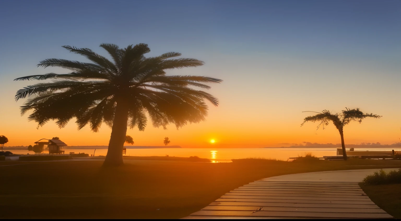 Palm trees line the path in front of the water body, late sunset, sunsettime, prime time的日落照片, prime time, Photographed by iphone 1 ro, Photographed by iphone 1 ro max, prime time拍摄, prime time的阳光, prime time, late sunset, beautiful sunset, In the beautiful sunset, at sunrise