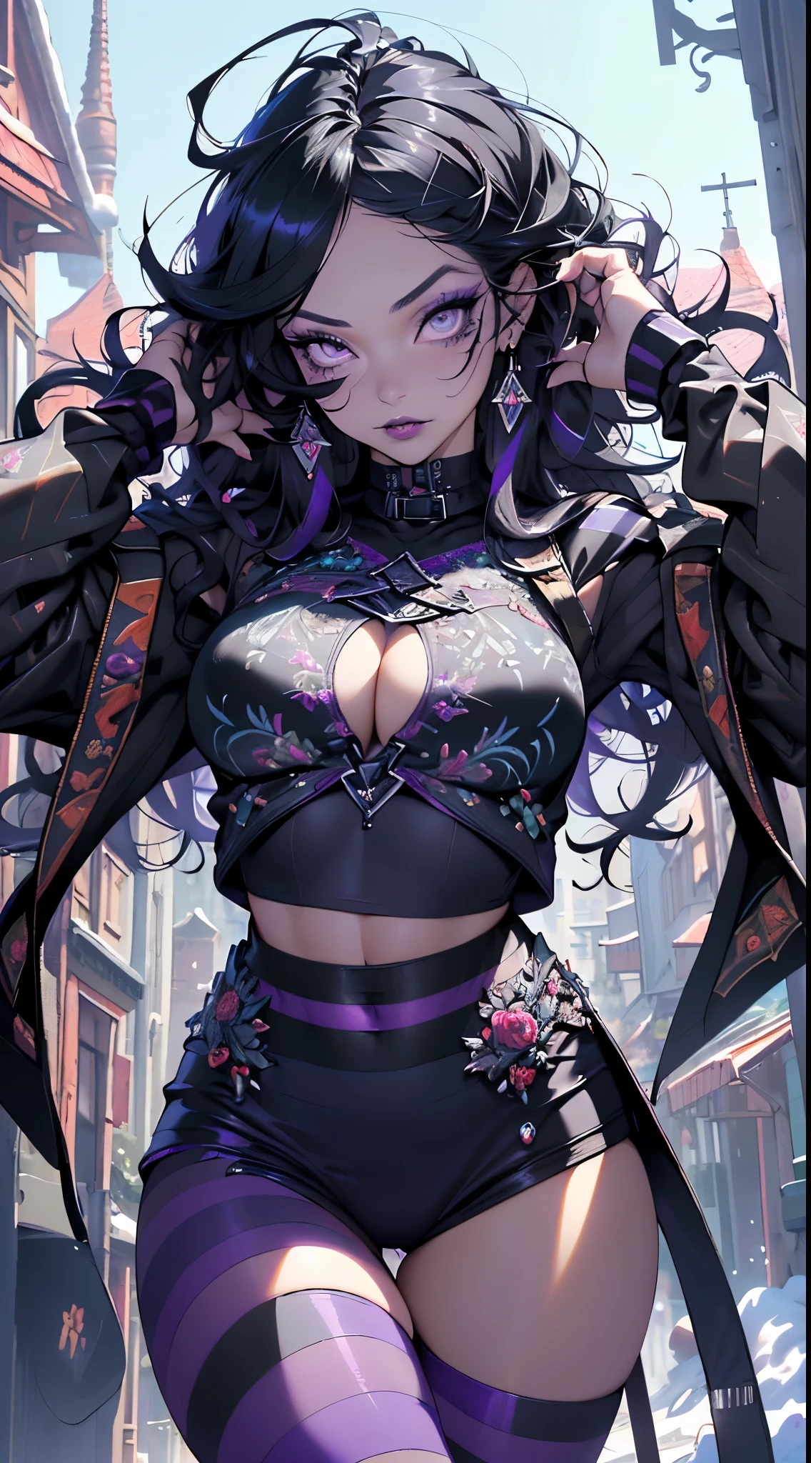 goth girl,1girl,((extremely cute and beautiful black haired anime goth girl)),(((************))),(large breasts:1.2),((((black wavy hair:1.35,absurdly long unkempt hair,messy hair,colored inner hair,ear breathing)))),((heterochromia:1.5, (purple_eye and red_eye))),intricate eyes,beautiful detailed eyes,symmetrical eyes,Big eyes:1.5,((fat)),(((lustrous skin:1.5,bright skin: 1.5,skin tanned,shiny skin,very shiny skin,shiny body,plastic glitter skin,exaggerated shiny skin,illuminated skin))),(spider lower abdomen,narrow waist,wide hip,athletic body,inflated legs,thick thighs,detailed body,(detailed face)),

cute,slutty,seductive,erotic,(nsfw),

zettai ryouiki,revealing clothing,show skin,((printed T-shirt:1.3),(navel))),((black leather crop jacket:1.3)),(((micro skirt:1.5,black thong)))),((purple striped tights:1.5)),(((Black Eyeshadow,Thick Black Eyeliner,Long Dramatic Eyelashes,Black Lips,Goth Accessories,intricate makeup))),(((intricate outfit,intricate clothes,embroidered outfit,ornate outfit,embroidered clothes,ornate clothes))),

(dynamic pose:1.0),embarrassed,(centered,scale to fit dimensions,Rule of thirds),

((snowy pine forest)),winter,scenery:1.25,((intricate scenery)),((snow forest background)),Christmas tree,

(Glossy winter ornaments),highres,sharp focus,(ultra detailed,extremely detailed),(photorealistic artwork:1.37),(extremely detailed CG unity 8k wallpaper),(((vibrant colors,vibrant theme))),(intricate),(masterpiece),(best quality),