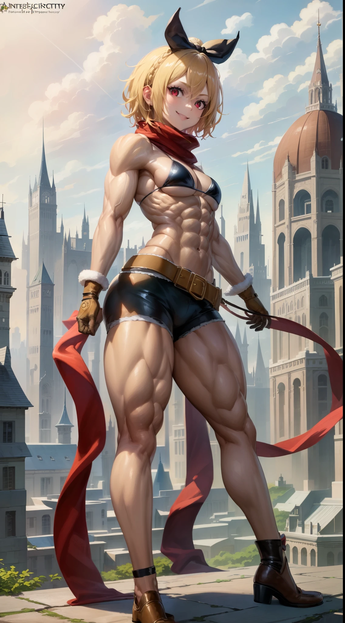 best quality, 4k, ((masterpiece)), extremely detailed, 8k, trending in ArtStation, intricate, high detail, sharp focus, detailed background, (fantasy city: 1.4), roof, 1girl, ground, navel, bow , (blond hair), red eyes, hair bow, red scarf, braid, short hair, small breasts, standing, looking at viewer, smile, midriff, cowboy shot, blonde hair, black bow, (very short bikini and sexy ), gloves, brown gloves, (muscular legs), looking back, (big, perky, hard ass)