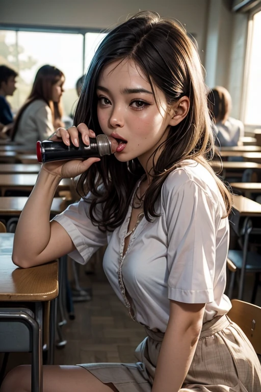An erotic teacher seduces a student in the classroom,very obscene,dynamisches licht, erotische Ausstrahlung,verschiedene sexstellungen,in sehr erotischen Kleidung, penetration, blowjob,orgy with 1 woman and 2 young men,ejakulation,orgasmus,cumshot in face,bukkake