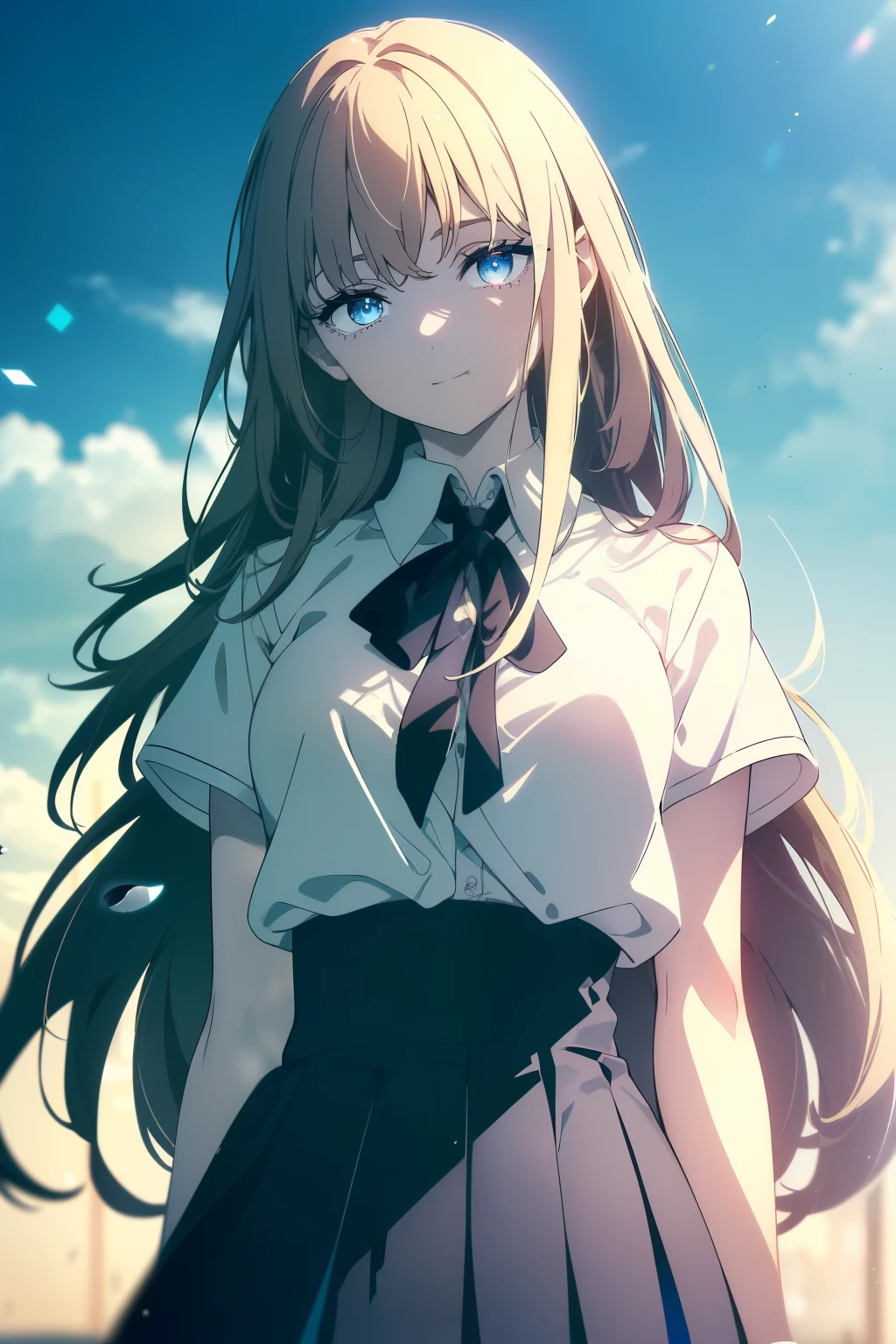 (Obra maestra, La mejor calidad, ultrahigh resolution), 1girl, standing, school uniform, white office shirt, black pleated skirt, ((light brown, light brown hair:0.7), ((long hair)), pale skin, ((blue eyes)), glowing_eyes, neon eyes, (ultra detailed eyes, beautiful and detailed face, detailed eyes), ((centered)), smile, ((wide shot)), facing viewer, eye level, (blurry background, bright summer background, summer), flat chested, looking at viewer, ((half closed eyes)), ((perfect hands)), (((head, arms, hips:0.7, elbows, in view))), ((hands behind back)), empty eyes, beautiful lighting, outside, outdoors, background, defined subject, 25 years old,