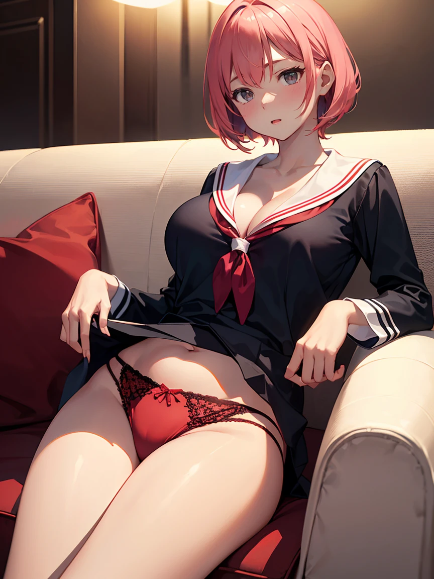 (top-quality,High resolution,(Ultra high definition,4K), (超A high resolution,in 8K),masutepiece:1.2), (Perfect Anatomy,Anatomically accurate), (Angle from below), (Soft lighting, rendered), ((cute mother and daughter)), ((Sitting on a sofa in the lobby of a luxury hotel,itting open legs)), ((Girls' High School Sailor Uniform)), (Red lace panties), (fascinated expression), (Crisp double eyelids), (Large breasts:1.3), (Soft skin), (Photorealistic), (Glowing skin), (pinkhair), (Pixie Cut)