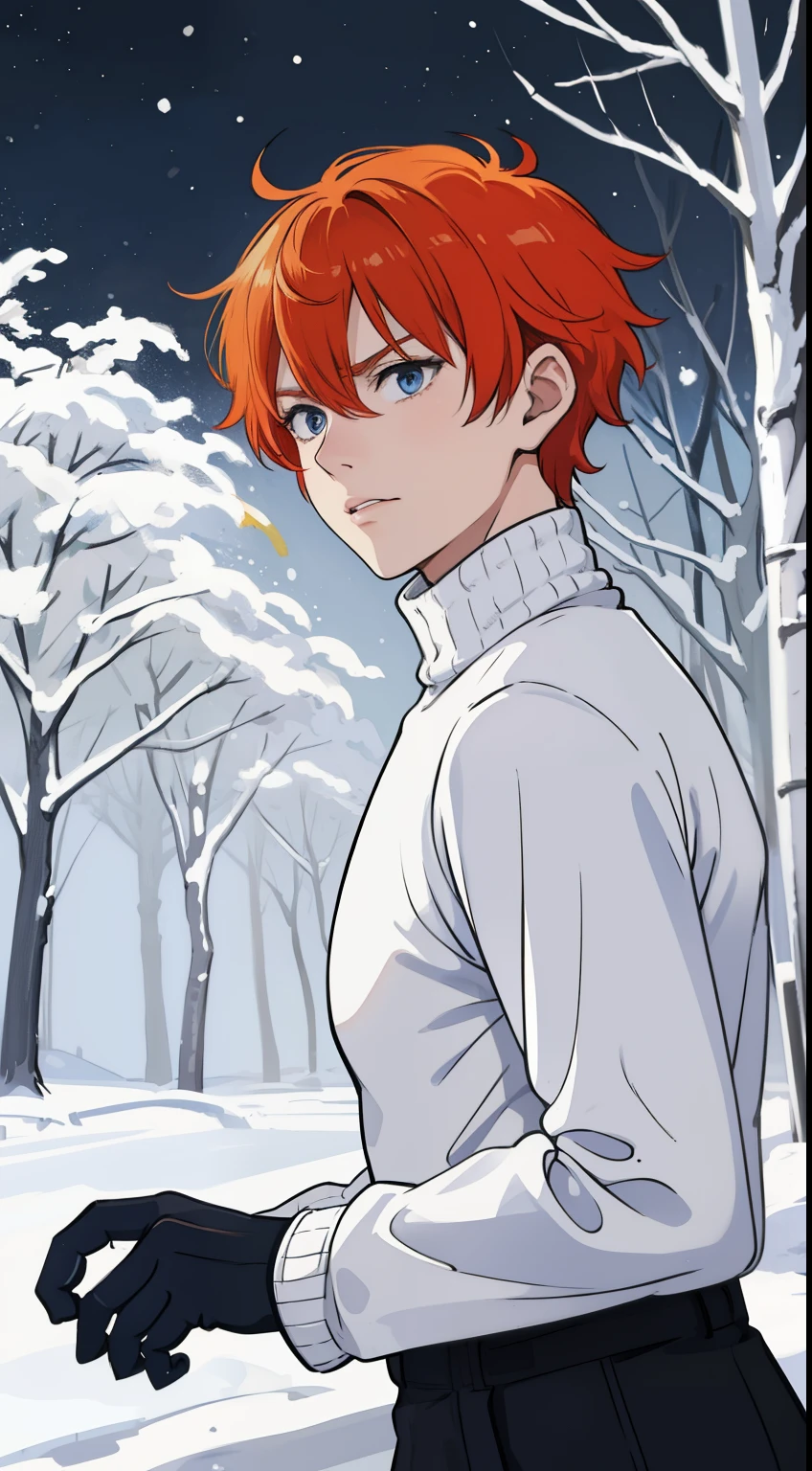 1boy,20s, orange hair, blue eyes,(black pants),(((white sweater,turtleneck))),style by makato shinkai.(snow,snowing,night,in a forest,night),((angry face,separated lips)),cowboy shot,((running,from side,looking away))