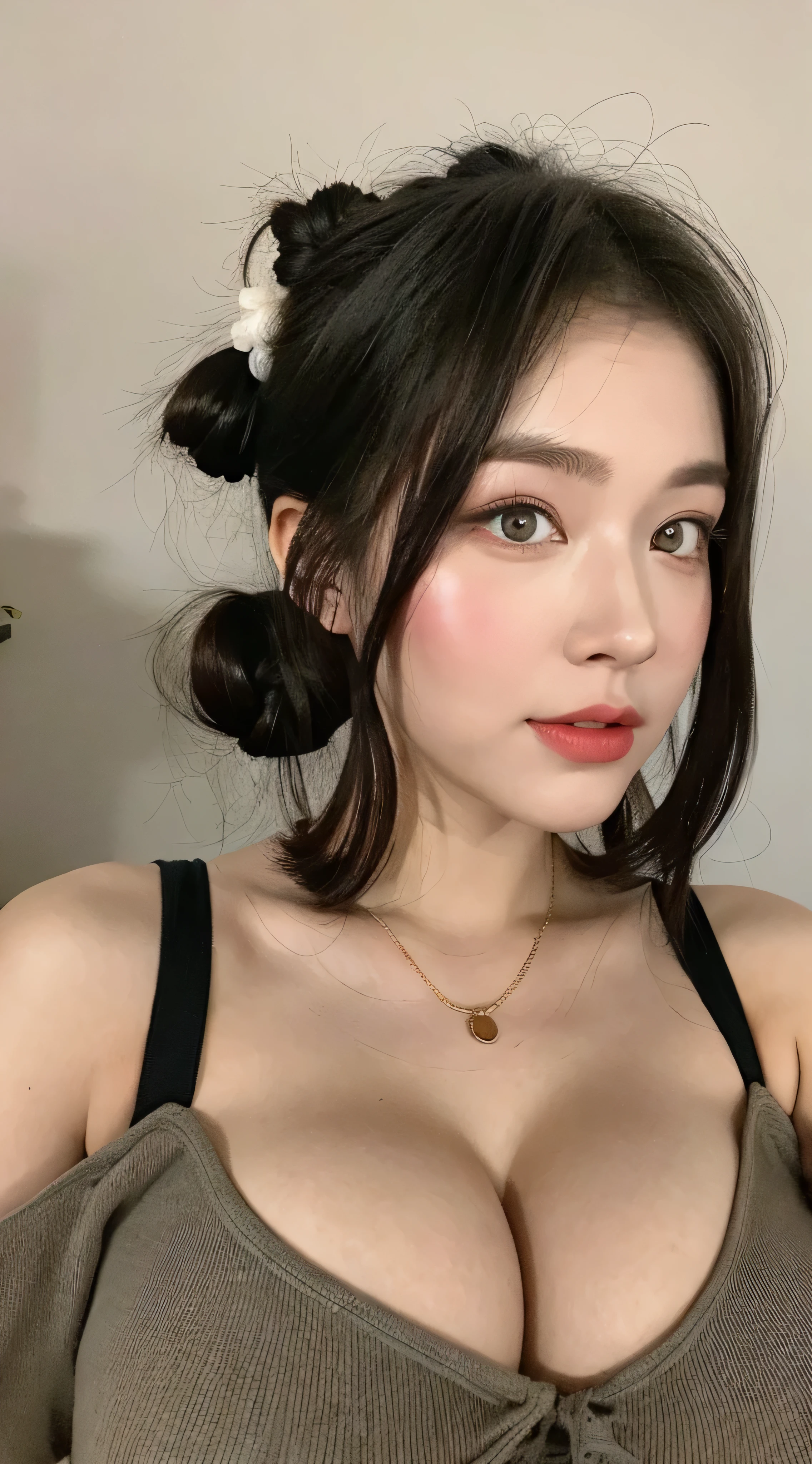Farbtypfotografie einer jungen Frau, Space-Buns-Haarschnitt, Rotes Haar, Brauner Farbverlaufshaar, (ultra huge breasts:1.6), Eye level, Warme Beleuchtung der goldenen Stunde, Blendenfleck, gedreht auf Bolex H16, im Stil von Brandon Woelfel
