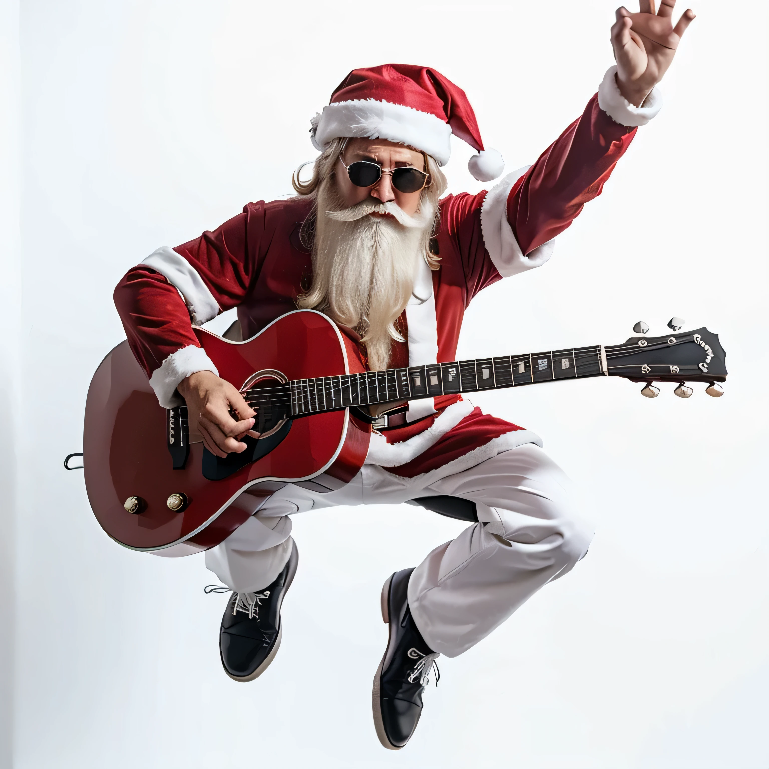 Realistic full body Santa Claus playing guitar in sunglasses rock n roll attitude jumping with white background