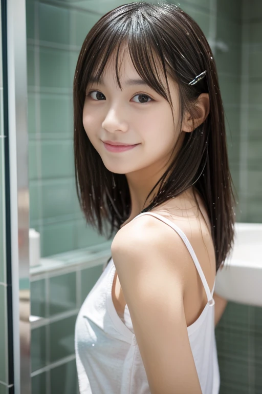 masterpiece,high resolution,realstic,RAW-photo,daytime,shoot from front,1young girl,junior high school student,extremely cute face,detailed face,realist skin,smiling,short hair,small & flat chest,slim belly,see-through tanktop,wet body,looking at here,in bathroom,nsfw
