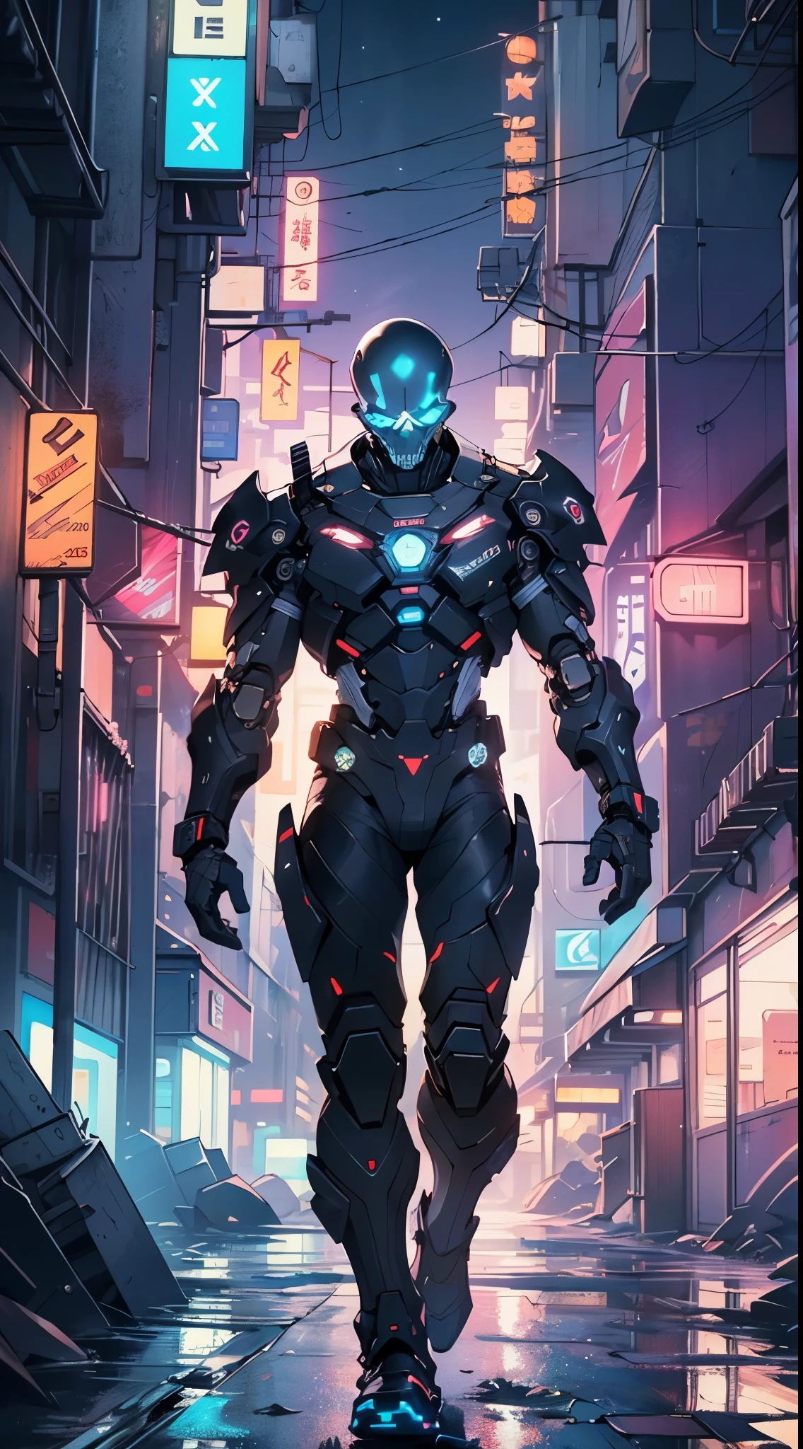 Robot Skull, armored, stealth, Character design, Highly detailed, Intricate details,Mechanical wonder, Cyberpunk, Cybernetic Guardian,male form,skull head,

(dynamic pose:1.0),solo focus,(centered,scale to fit dimensions,Rule of thirds),

cyberpunk city by the ocean at night, with bright neon signs and dark stormy clouds and puddles, scenery:1.25,nighttime, starry night, cosmos,Very dark night that makes the neon lights stand out, very bright neon lights,nighttime, starry night, cosmos,

highres, sharp focus, (ultra detailed, extremely detailed), (photorealistic artwork:1.37),(extremely detailed CG unity 8k wallpaper),((synthwave background theme)),(((vibrant colors))),(intricate background),(masterpiece),(best quality),