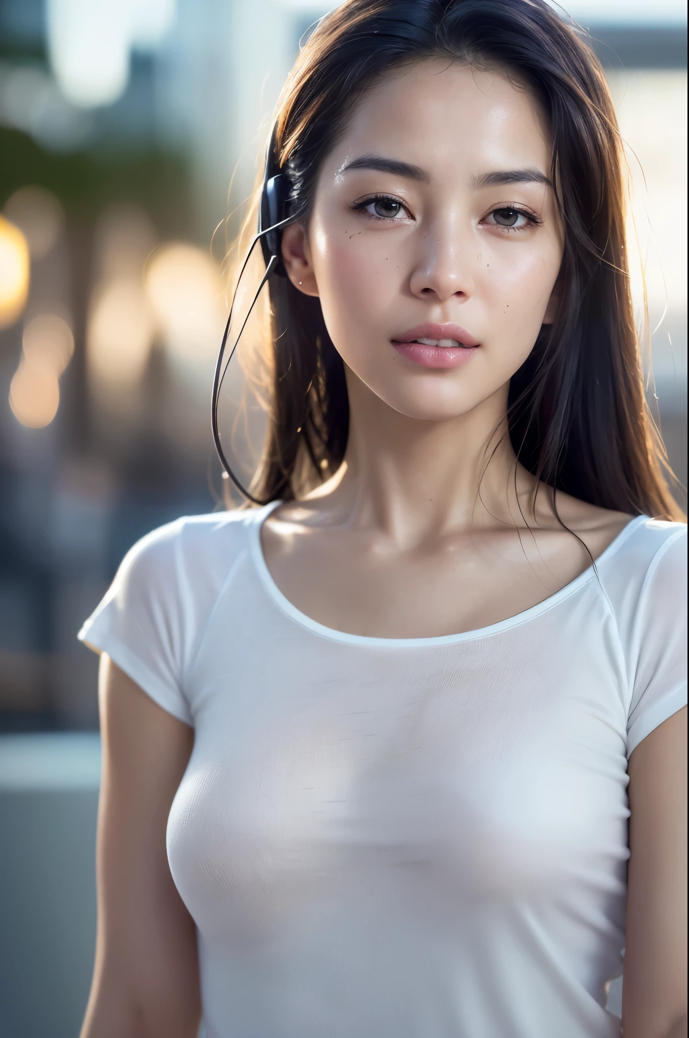 dressed, (photo realistic:1.4), (hyper realistic:1.4), (realistic:1.3),
(smoother lighting:1.05), (increase cinematic lighting quality:0.9), 32K,
1girl,20yo girl, realistic lighting, backlighting, light on the face, ray trace, (brightening light:1.2), (Increased quality:1.4),
(best quality real texture skin:1.4), finely detailed eyes, finely detailed face, listens to music with headphones
(tired and sleepy and joy), (laugh:0), face closeup, t-shirts,
(Increase body line mood:1.1), (Increase skin texture beauty:1.1)