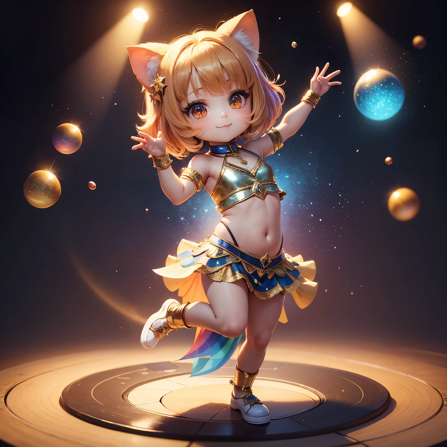 masterpiece、top-quality、ultra-detailliert、(Chibi Chara's Daughter:1.32),Belly dance,rainbow costume,The background is a simple gold background,(mirror ball:1.2),The glitter shines,a smile,Full-body standing figure.dancing dancing,Countless sparkling stars