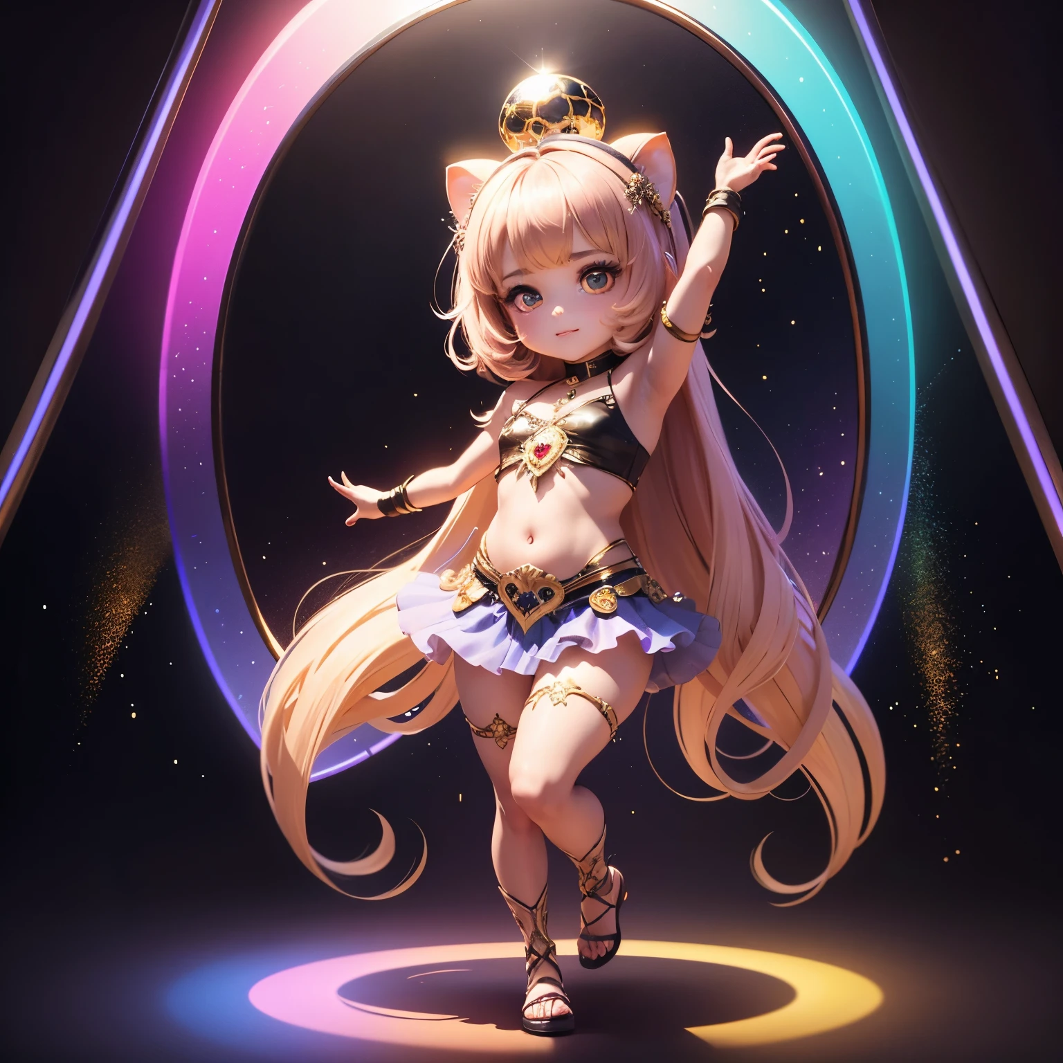 masterpiece、top-quality、ultra-detailliert、(Chibi Chara's Daughter:1.32),Belly dance,rainbow costume,The background is a simple gold background,(mirror ball:1.2),The glitter shines,a smile,Full-body standing figure.dancing dancing,Countless sparkling stars