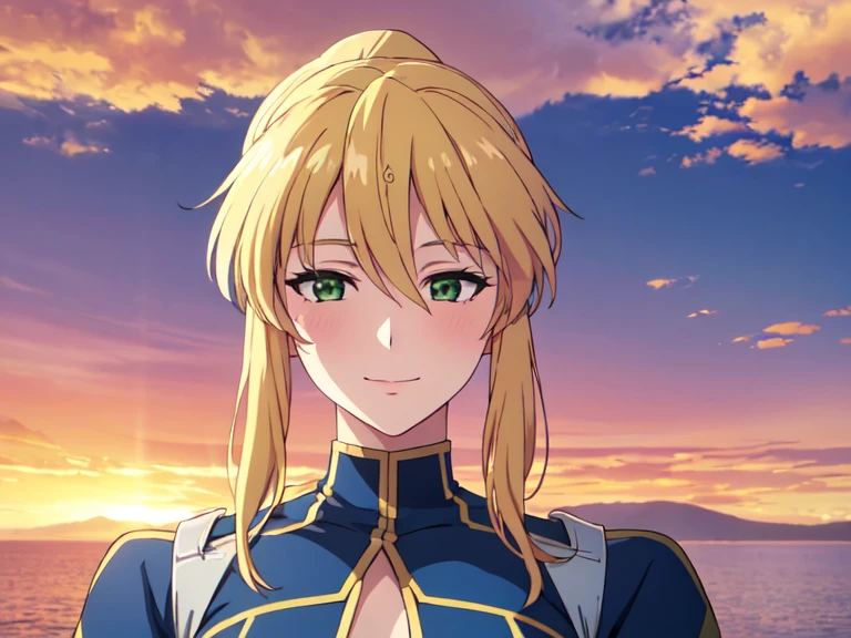 artoria pendragon, (green eyes:1.5), incomparable masterpiece, ultra 8k CG, perfect art, blonde hair, ponytail, high res, ultrasharp, 8K, ultra high resolution, beautiful detailed eyes, hyper-extreme details, best quality, perfect illustration, an extremely delicate and beautiful, extremely detailed, CG, 8k wallpaper, amazing, finely detailed, official art, huge file size, ultra detailed, extremely detailed, beautiful detailed girl, extremely detailed eyes and face, smiling, sunset background, hill background, happy, warm smile, blush