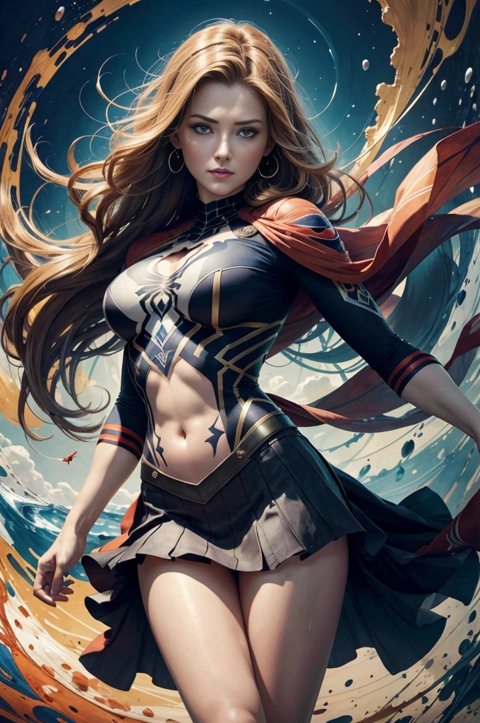 Alexandra Breckenridge、Sticking out the navel、newyork、She wears a torn Spider-Man suit,wearing skirt、abstract photorealistic、artistic、Alphonse Mucha's painting(masterpiece、top-quality、hight resolution:1.4)、detaileds、複雑なdetaileds、4K、color splashes、line-drawing、Fibonacci、