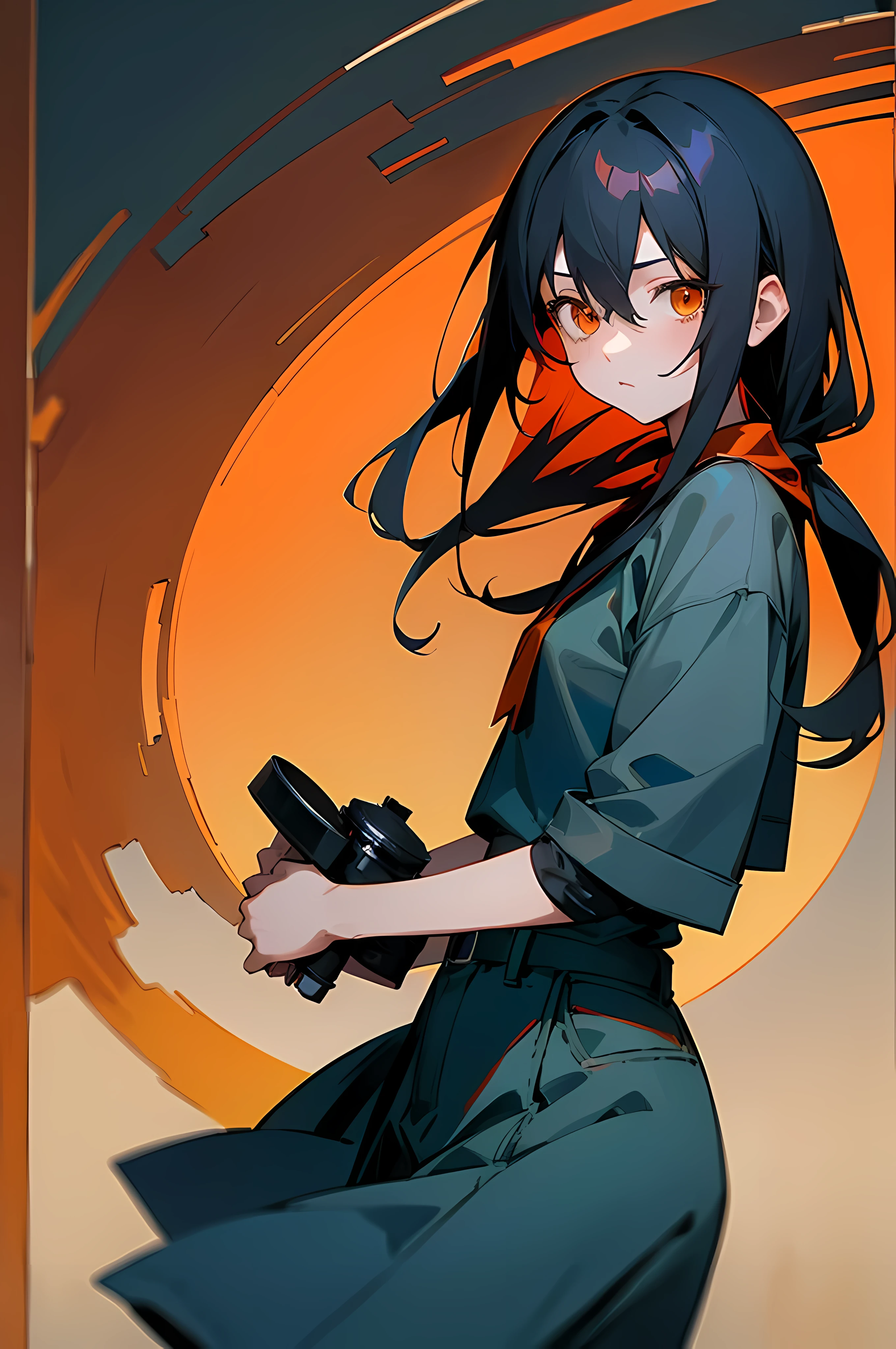 (8K Ultra High-Quality) (Masterpieces) (Image) (人物: Rimuru) 1 Girl, Long Black hair, Orange eyes colors, Background in a countryside, wearing Red Scot shirt, wearing Jean, carrying Camera, looking at viewer.