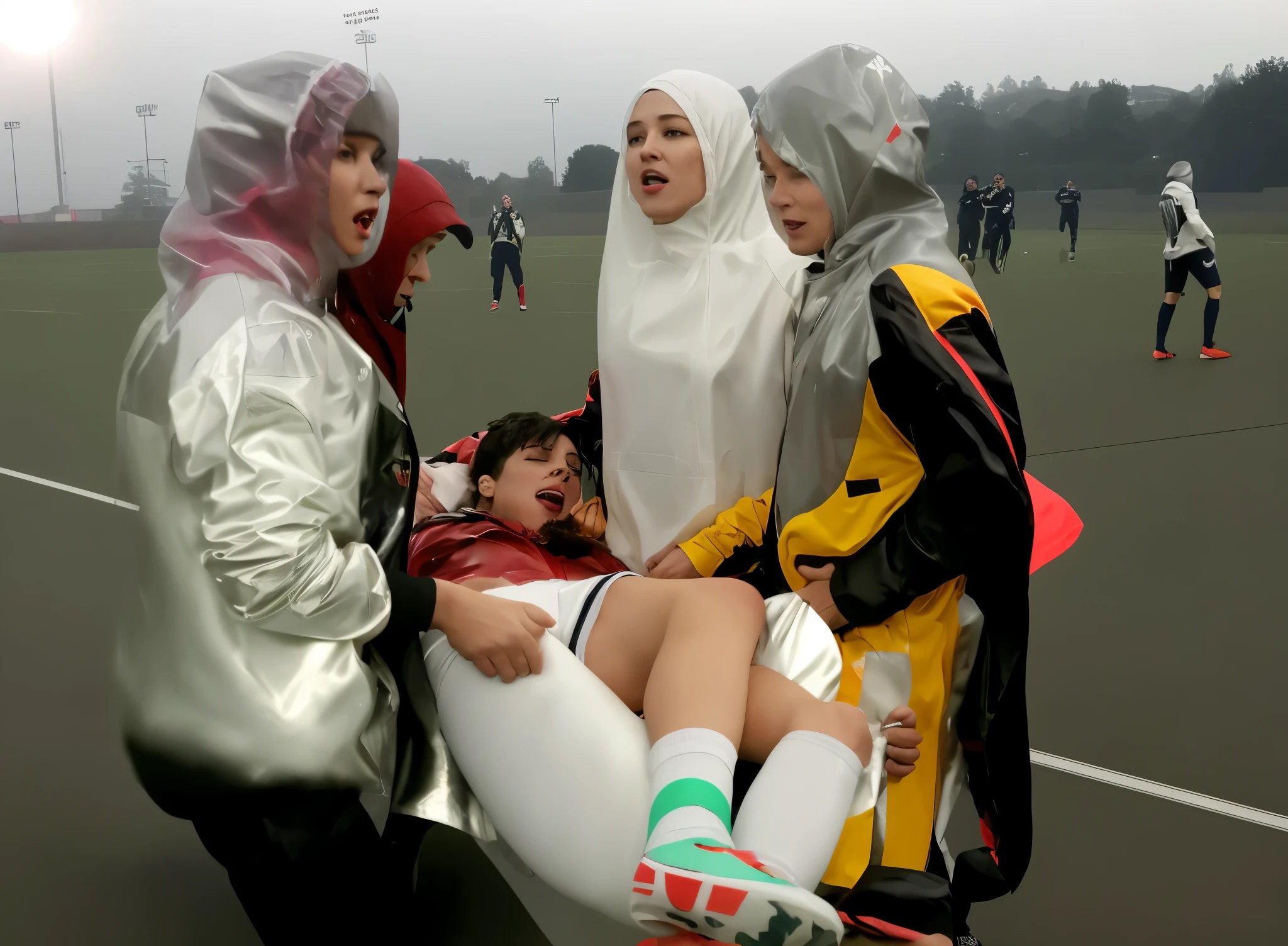 soccer, soccer scene, soccer stadium, soccer action, an erotic love scene, loving action, erotic, orgasmic scene, fetish, fetish action, a consciousless sportsman in matte cotton sportswear is lying in the arms of two beautiful women, a consciousless sportsman in matte sportswear is helplessly hanging in two beautiful women's arms, there are attractive madeup women in very high-shine jackets, terrified but attractive madeup women are holding an injured sportsman, a wounded sportsman is crying in pain while he is held in the arms of two very attractive and madeup women, an injured sportsman is carried, two attractive and madeup women in wet and shiny plastic-jackets are giving first aid, dramatic action scene, first aid, injury, pain, agony, helping women, women carrying a man, two attractive women in shiny wet jackets, two attractive women in wetlook shiny patent-leather jackets with lipstick and madeup smokey eyes, a consciousless shorthaired sportsman in matte cotton sportswear, a shorthaired fainting sportsman in cotton sportswear, a fainted sportsman in cotton sportswear is helplessly hanging in the arms of two attractive women with a shiny patent-jackets, two attractive and madeup women with lots of makeup in very shiny wet jackets, two attractive women wearing very shiny jackets, two attractive women are holding a sportsman, two attractive women in shiny leather with lipstick, two attractive women are carrying an injured sportsman, a matte clothed and injured sportsman, a shorthaired and injured sportsman, a shorthaired boy needs to be carried while wearing matte cotton sportswear, there are all leather-clad women holding an injured sportsman, shocked women are screaming out with horror, terrified and sad women are shouting in absolute horror, photoshopped, realistic shot, funny professional photo, realistic photo shoot