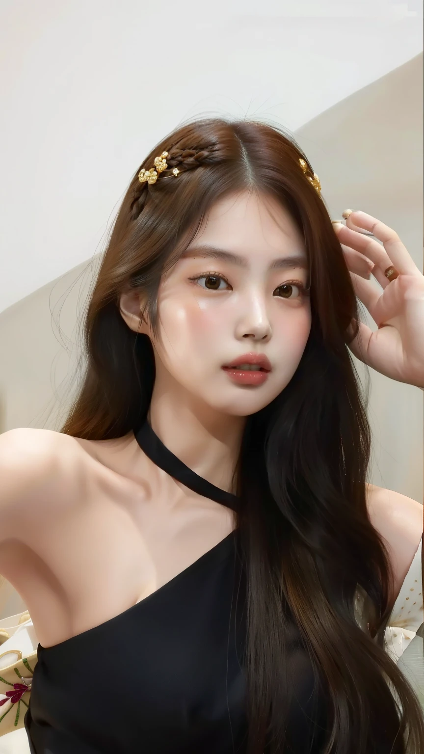 there is a woman with long hair posing for a picture, beautiful south Mulher coreana, maquiagem sul-coreana popular, menina coreana, maquiagem coreana popular, young adorable korean face, gorgeous young Mulher coreana, beautiful young Mulher coreana, Ulzzang, wan adorable korean face, Mulher coreana, korean face features, beautiful aesthetic face, com rosto redondo, young cute wan asian face