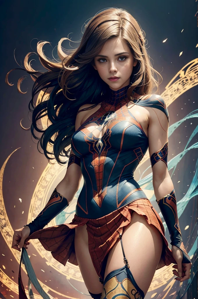 Jennifer Garner、Sticking out the navel、newyork、She wears a torn Spider-Man suit,wearing skirt、abstract photorealistic、artistic、Alphonse Mucha's painting(masterpiece、top-quality、hight resolution:1.4)、detaileds、複雑なdetaileds、4K、color splashes、line-drawing、Fibonacci、