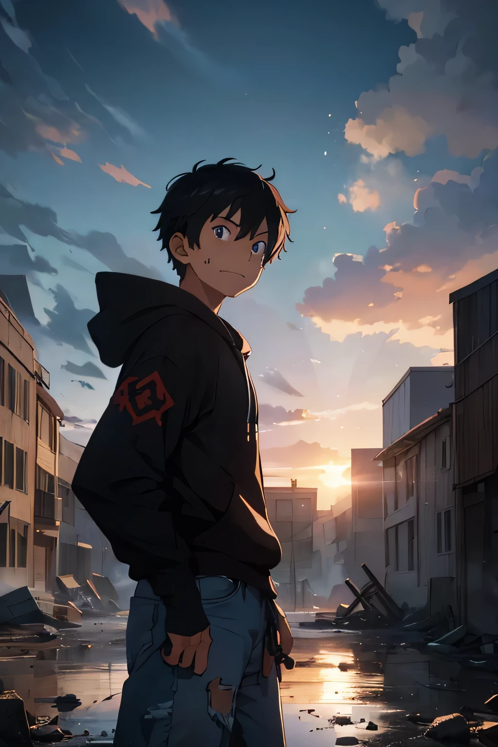 Title: "Shattered Realms: The Laughing Blade"
In a desolate world where remnants of civilization crumble and chaos reigns, amidst the ruins stands a figure cloaked in a black hoodie with a striking white stripe tracing the zipper, embodying a fusion of resilience and enigmatic demeanor.
Meet Asher, a 13-year-old survivor navigating a post-apocalyptic landscape with tattered jeans and worn high-top shoes, his fair South Asian complexion standing out amidst the darkness that surrounds him. His affinity for anime echoes through his style, a unique blend of resilience and animated spirit in a world stripped of its former glory.
Adorned with a glove on one hand, a symbol of both protection and mystery, Asher wields a modified katana, a lethal amalgamation of ancient craftsmanship and a salvaged electronic device fused to its hilt. The blade, stained with the blood of battles long fought, speaks volumes of the trials he's endured.
Seen through the lens of an eerie scene, Asher stands amidst a pool of blood, his body adorned with numerous bite marks, yet his laughter rings out—an echo of defiance against the bleakness that surrounds him. With the katana at his side, its tip dug into the ground, he leans on it for support, gazing piercingly at the camera as his laughter intertwines with the haunting silence of the desolate world.
In this shattered realm, Asher stands as a beacon of undeterred resilience, his laughter a testament to his unyielding spirit in the face of unimaginable adversity. His black hoodie, a symbol of his journey through darkness, carries a white stripe reminiscent of hope, a subtle yet potent reminder of the resilience that thrives even in the bleakest of circumstances.